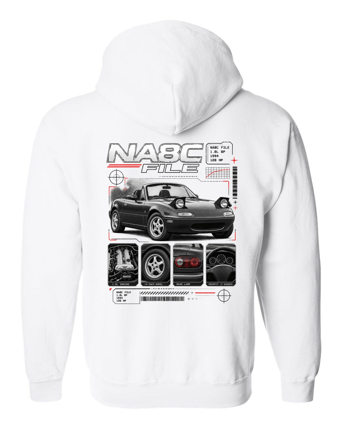 Dossier panel print of a Mazda MX-5 NA Eunos Roadster with NA8C spec lettering white zip hoodie back view with the design