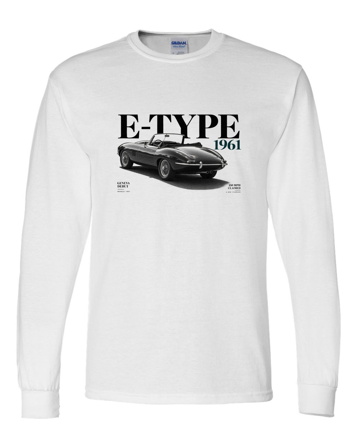 Jaguar E-Type roadster 1961 Geneva debut editorial poster white long sleeve front view with the design