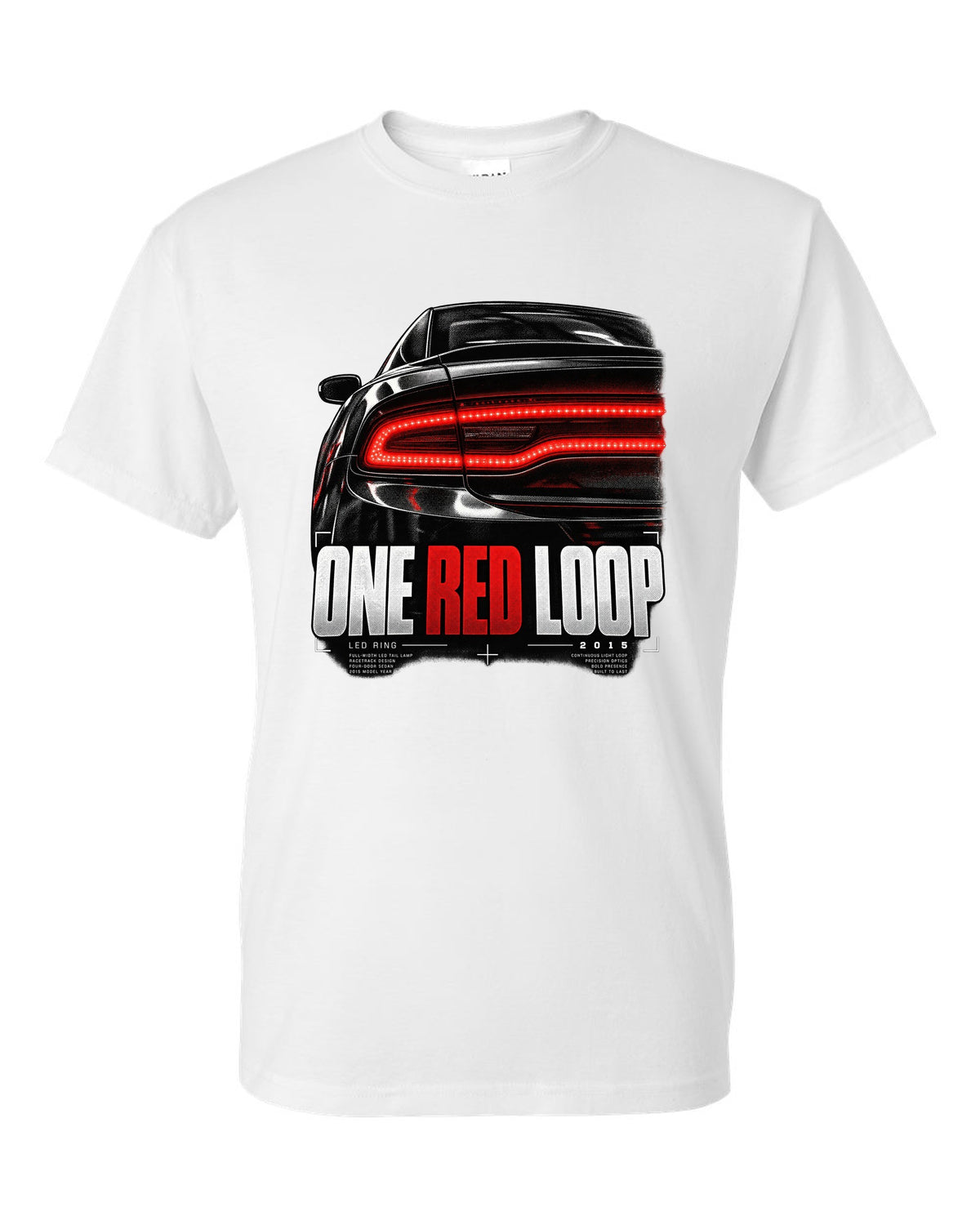 Macro print of a 2015 Dodge Charger LX/LD red LED ring taillight white t-shirt front view with the design