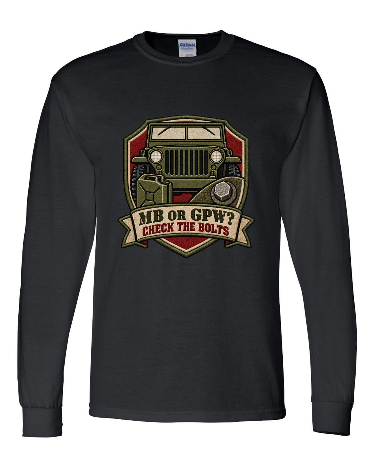 Embroidery-style service crest print of a Willys MB and Ford GPW with bolts text black long sleeve front view with the design
