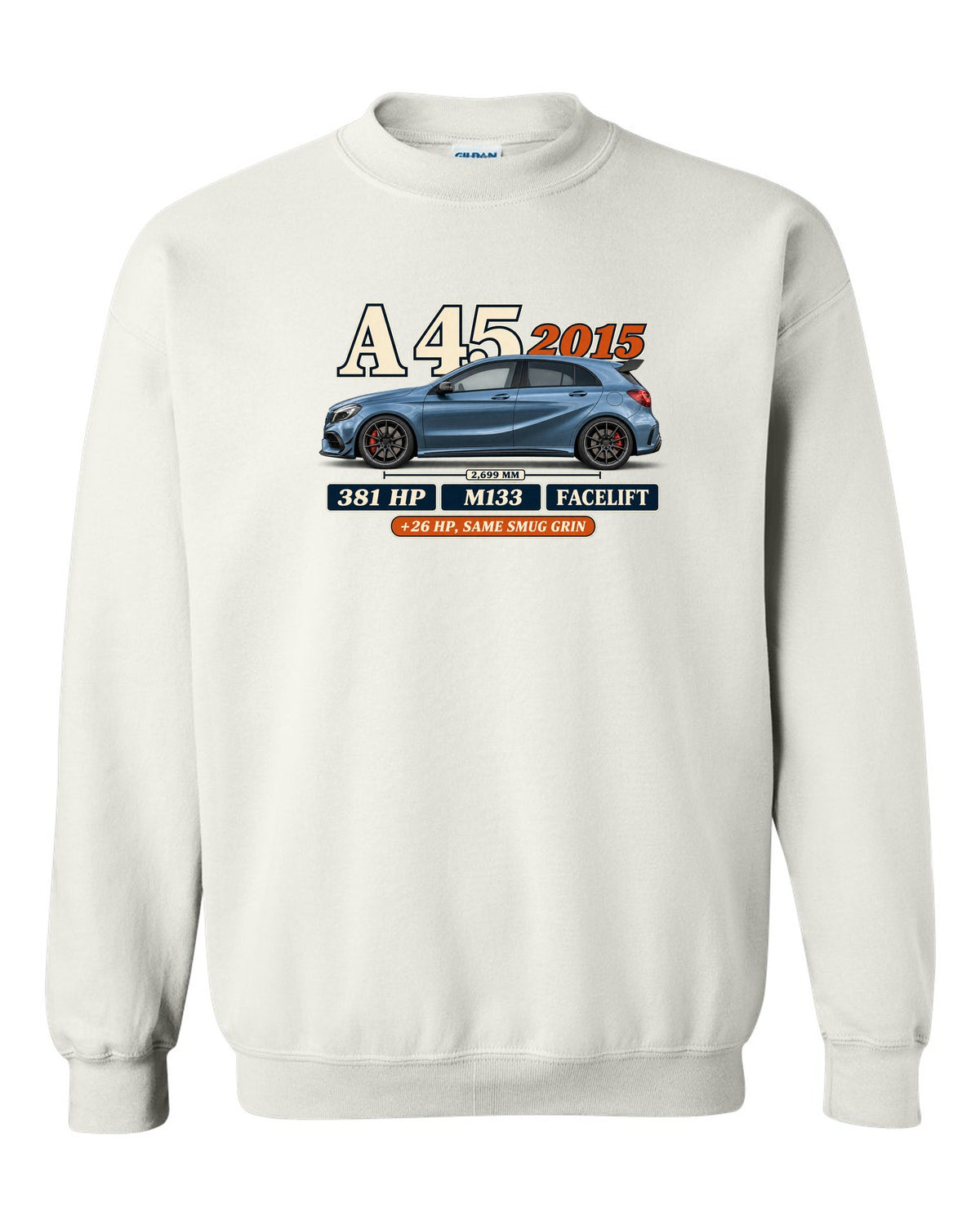 Mercedes-AMG A45 W176 facelift 2015 archive panel print white crewneck front view with the design