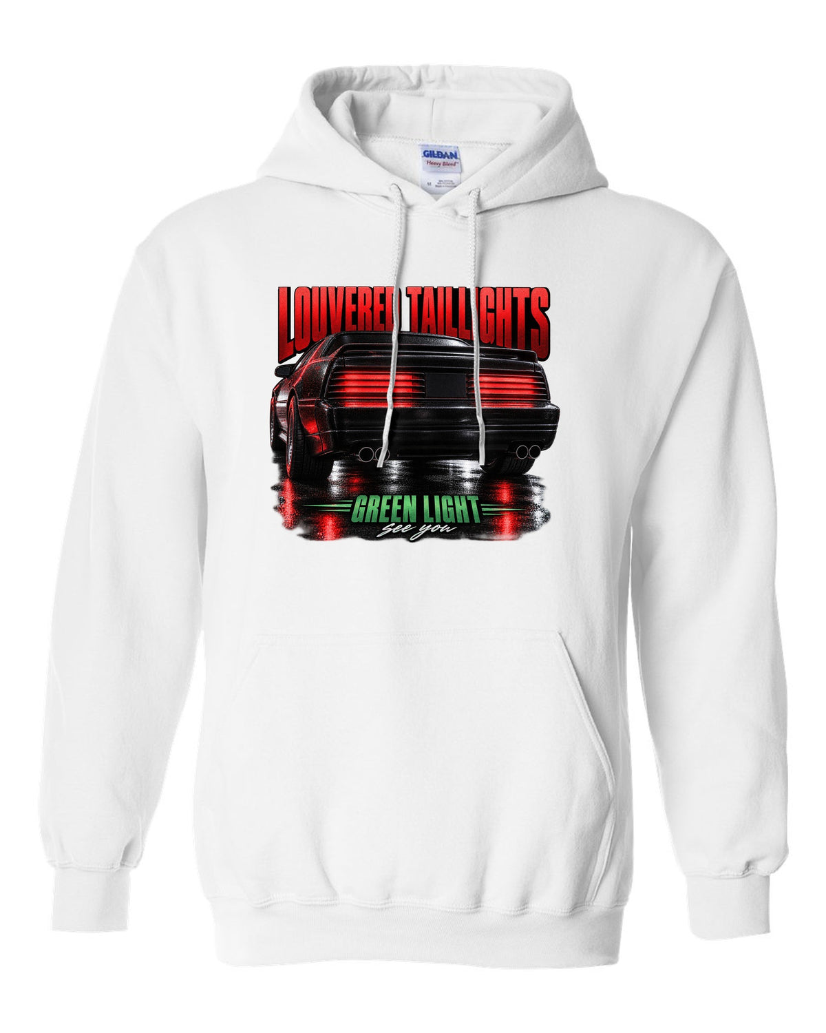 Macro print of a louvered Fox Body Mustang GT taillight, 1987-93 white pull over hoodie front view with the design