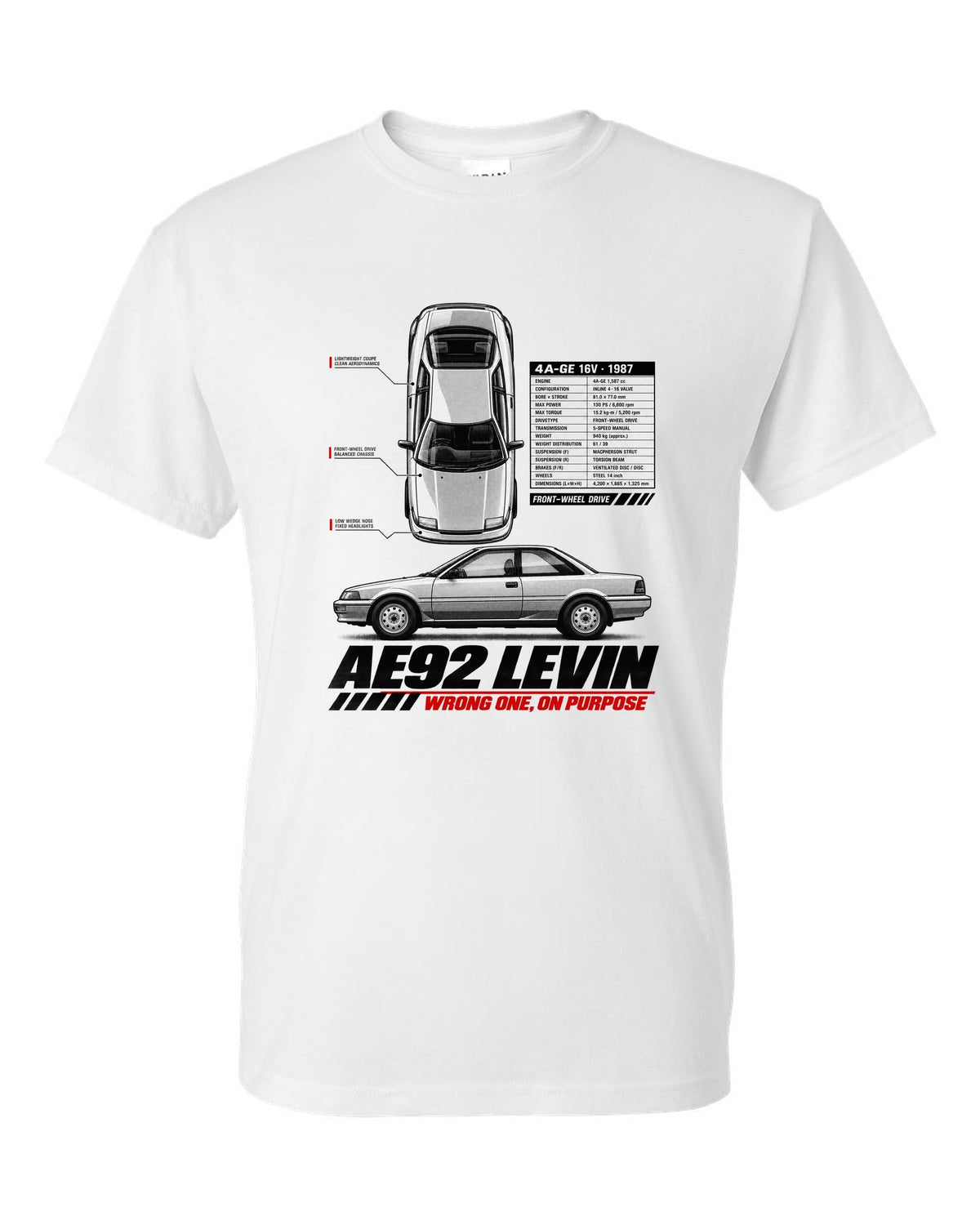 Spec poster print of a Toyota Corolla Levin AE92 with 4A-GE 16V and front-wheel drive text white t-shirt front view with the design