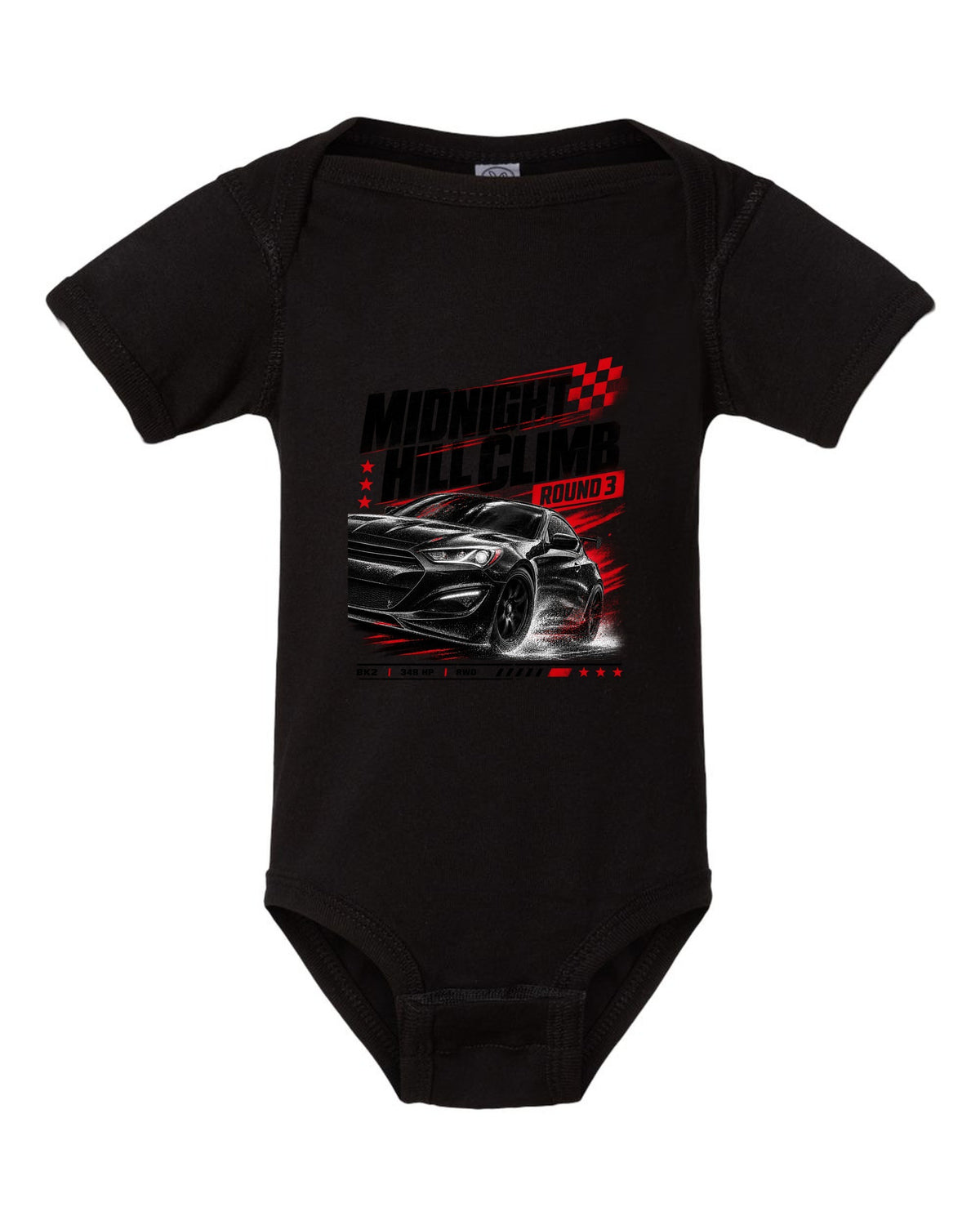 Hyundai Genesis Coupe BK2 midnight hill climb race poster black baby onesie front view with the design