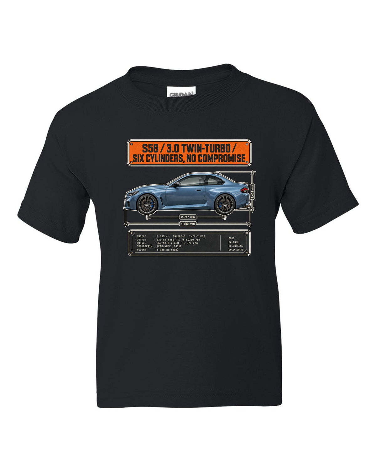 BMW M2 G87 dimension blueprint print with S58 3.0 twin-turbo text black kids tee front view with the design