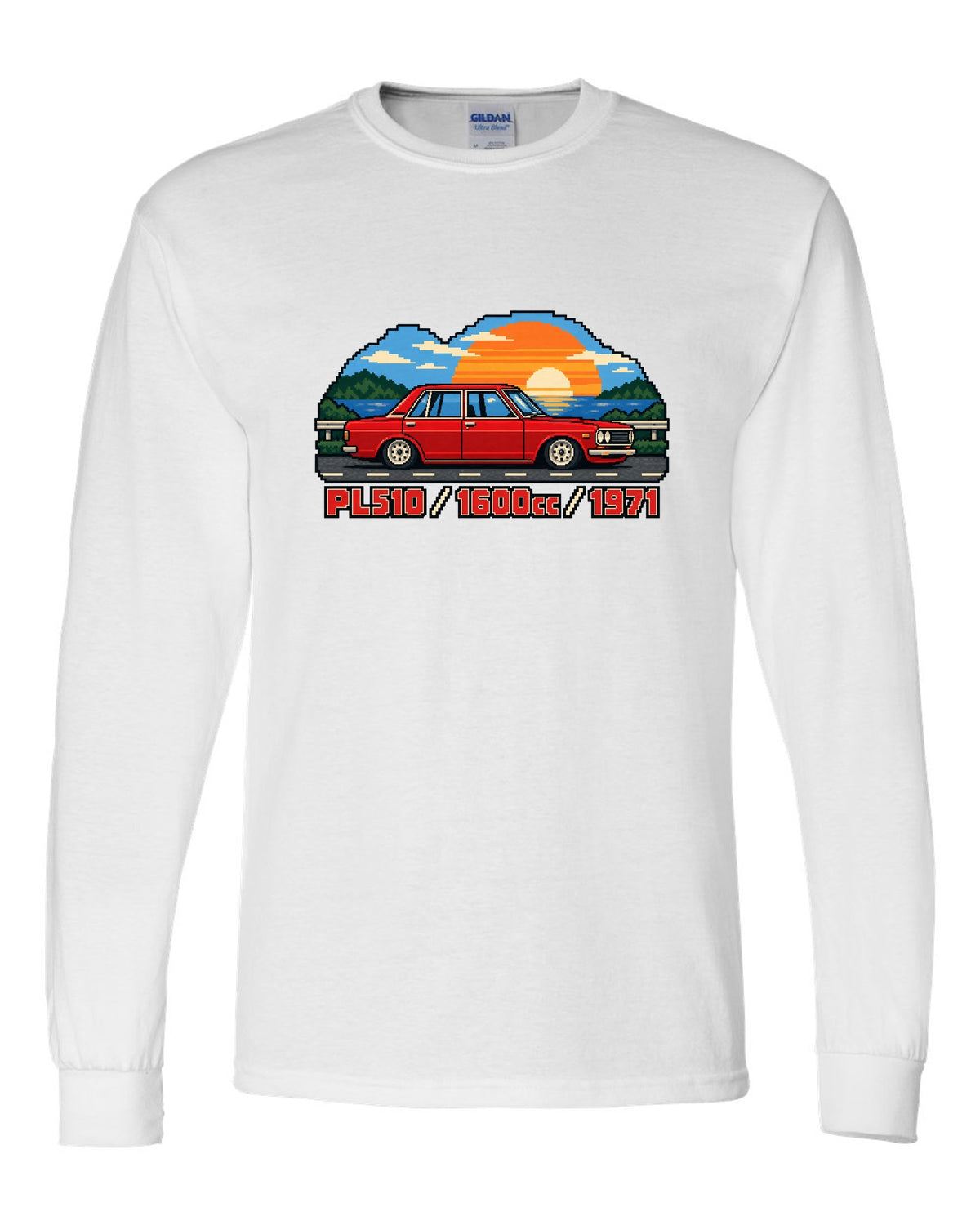 16-bit pixel art of a 1971 Datsun 510 PL510 sedan with 1600cc lettering white long sleeve front view with the design