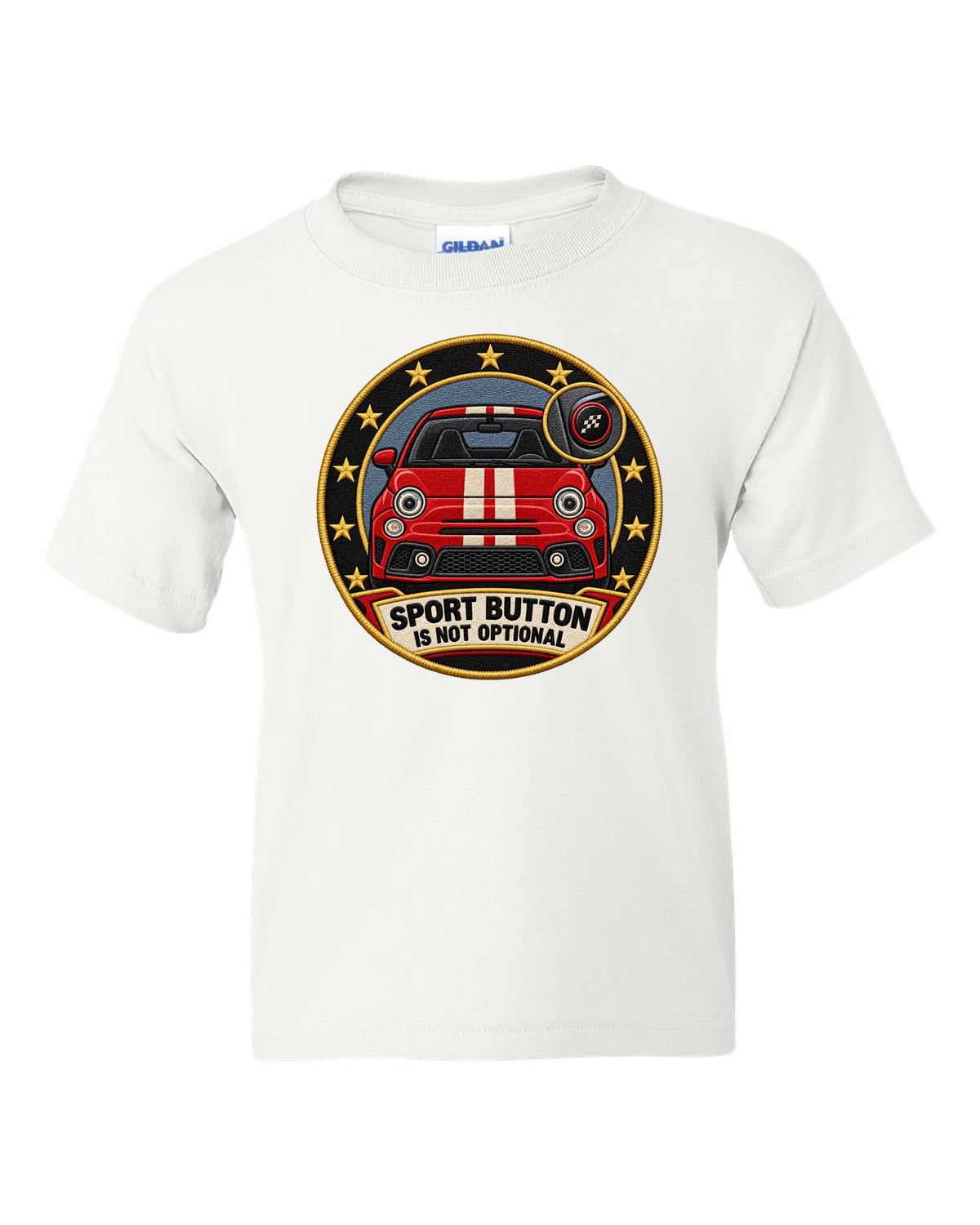 Varsity crest of a Fiat 500 Abarth with sport button text white kids tee front view with the design