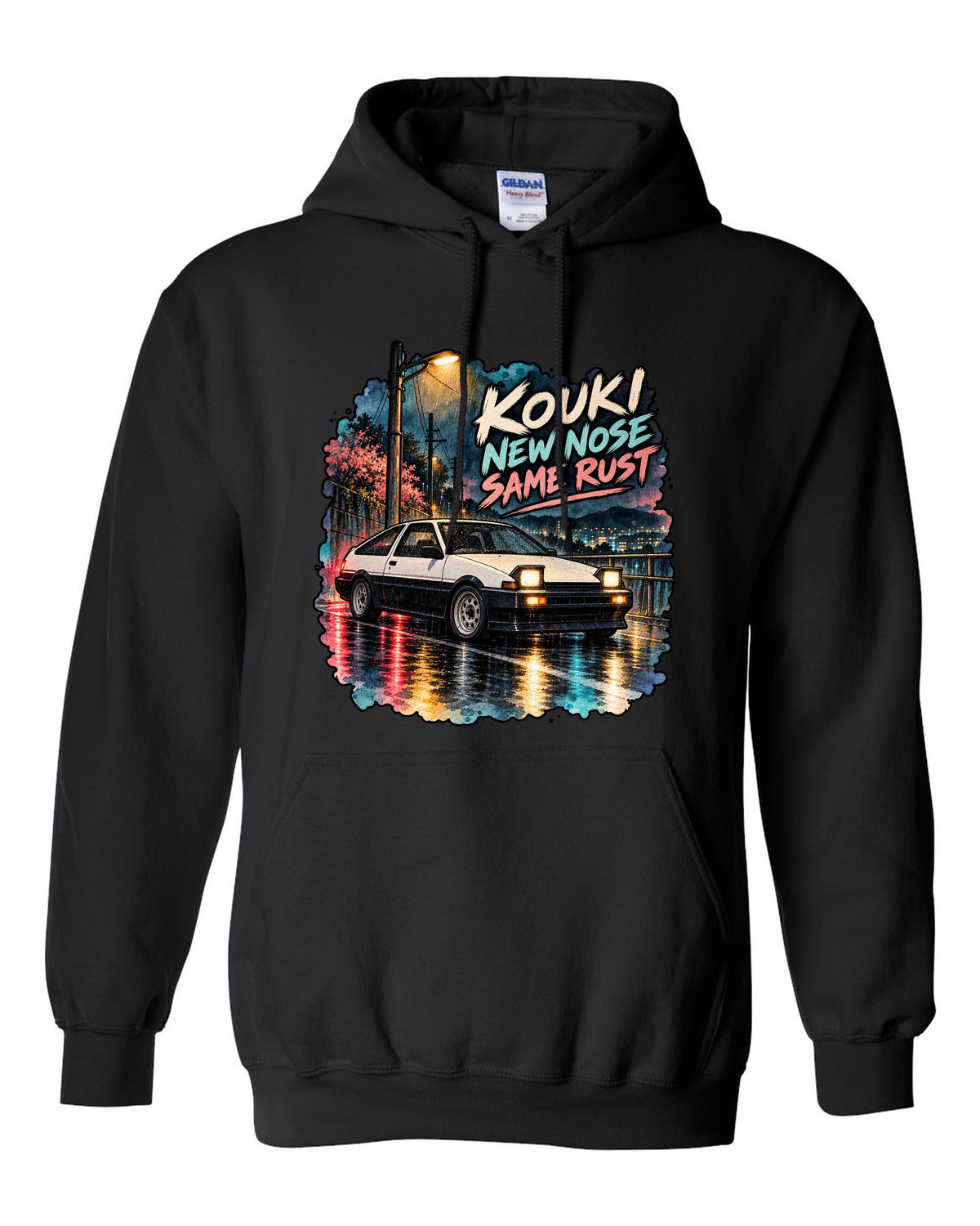 Watercolour wet street night scene with the Toyota AE86 Sprinter Trueno kouki black pull over hoodie front view with the design