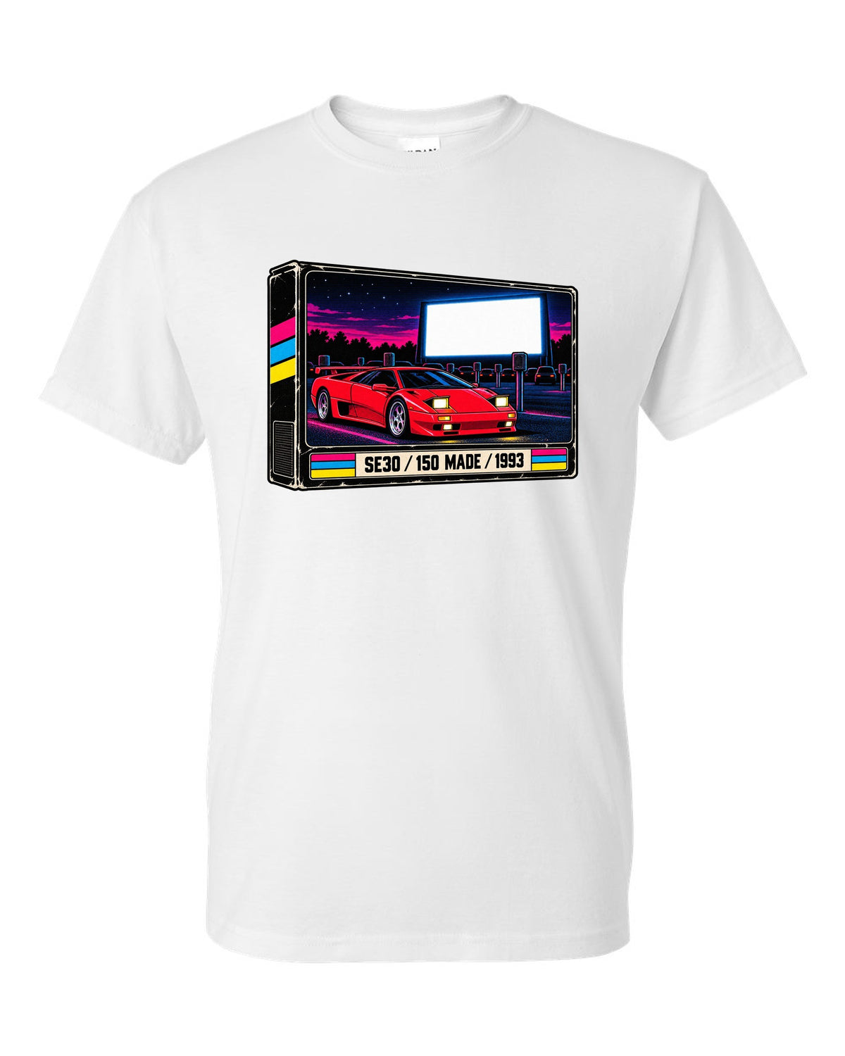VHS cassette packaging style print of a 1993 Lamborghini Diablo SE30 with 150 made lettering white t-shirt front view with the design
