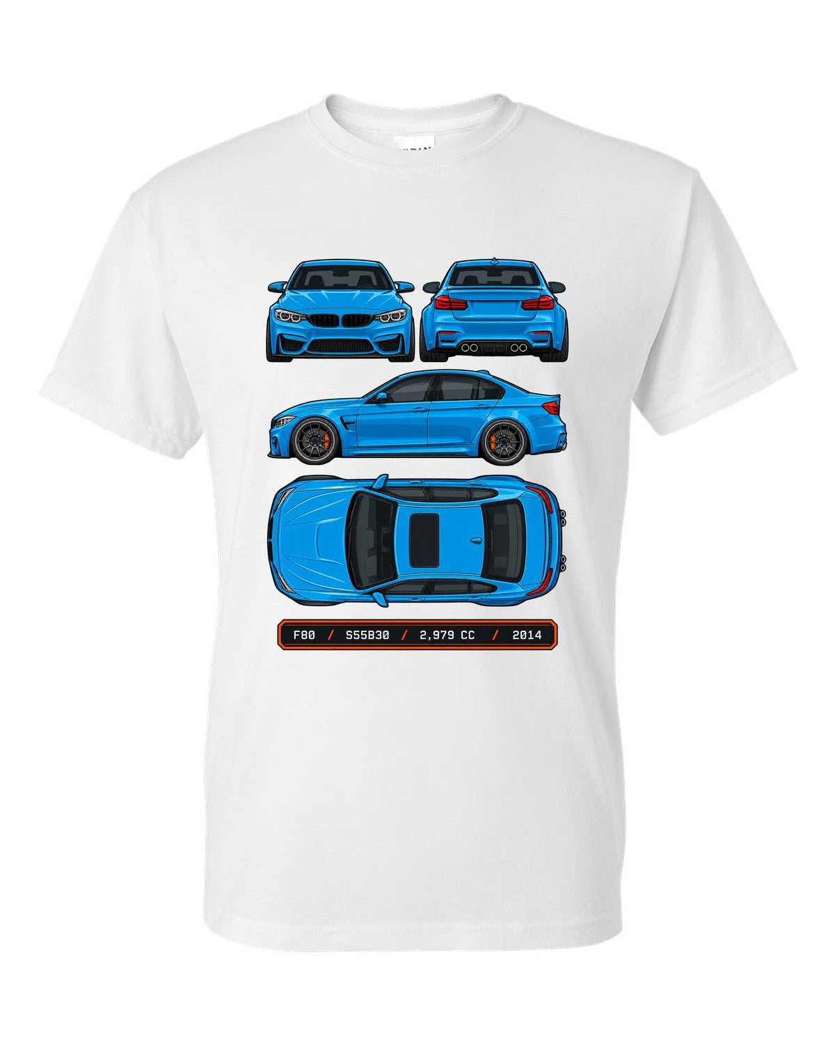 Spec plate style print of a BMW F80 M3 sedan with F80 S55B30 2,979 cc 2014 text white t-shirt front view with the design