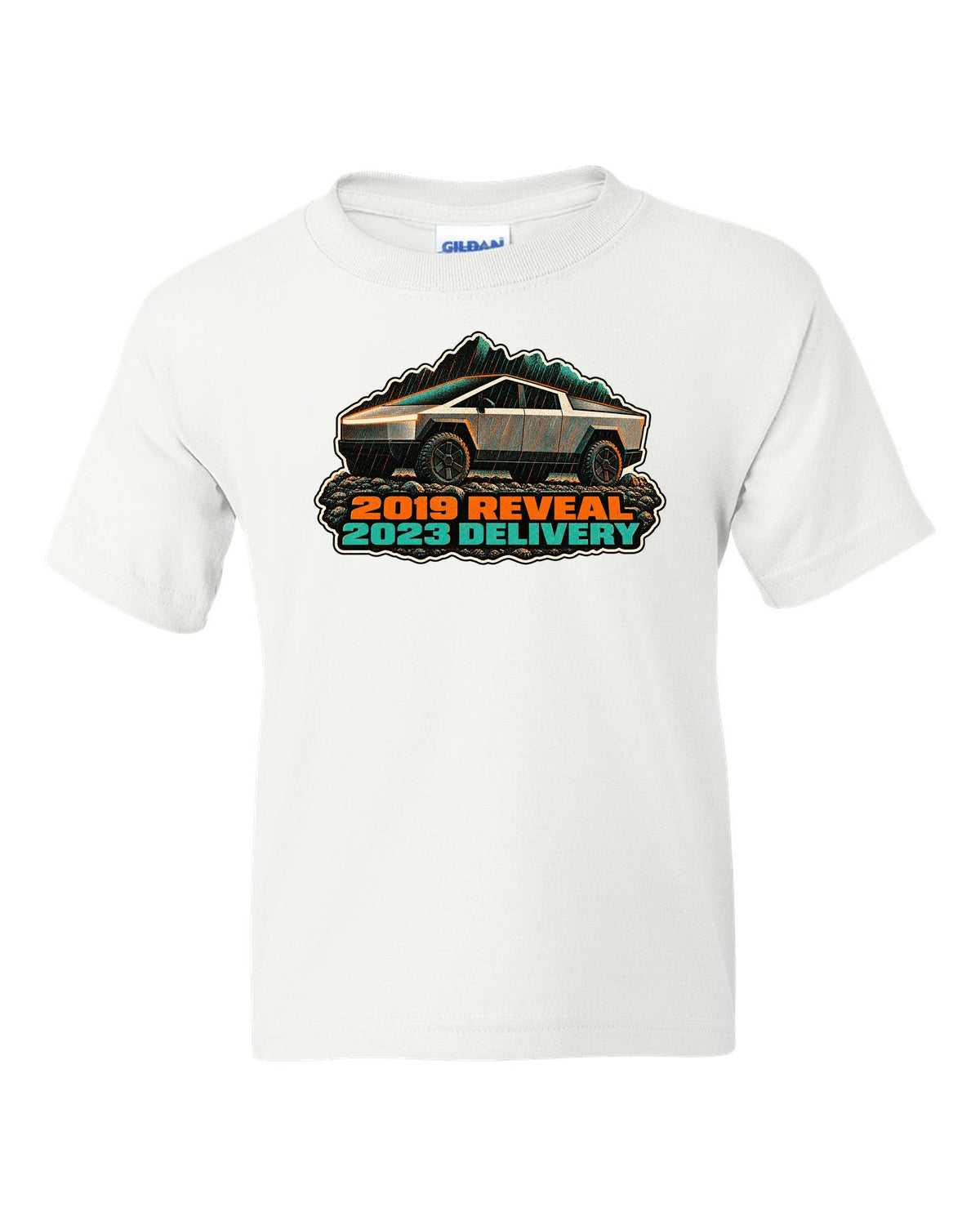 Risograph two-colour print of a 2023 Tesla Cybertruck in gravel and rain with 2019 Reveal 2023 Delivery lettering white kids tee front view with the design