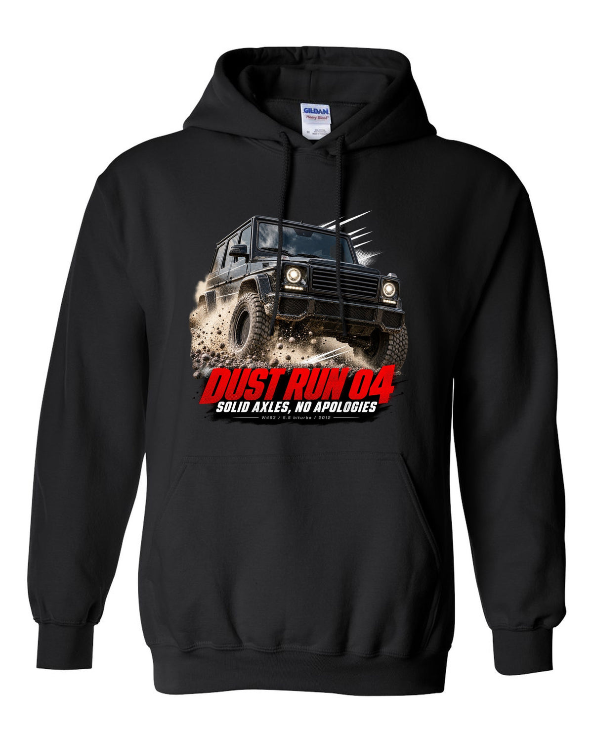 Race poster print of a Mercedes G63 AMG W463 with Dust Run 04 Solid Axles lettering black pull over hoodie front view with the design