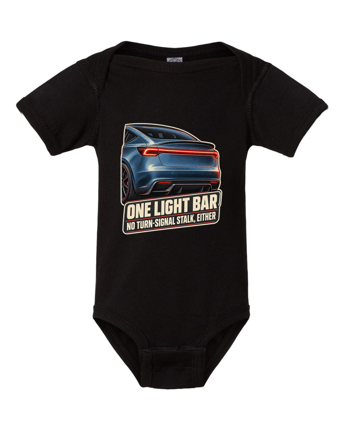 Rear taillight macro print of a Tesla Model 3 Performance Highland with a light bar black baby onesie front view with the design