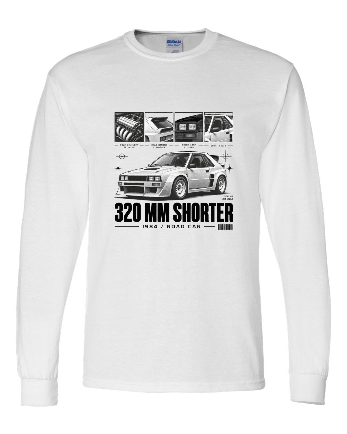 Audi Sport Quattro SWB 1984 Dossier white long sleeve front view with the design