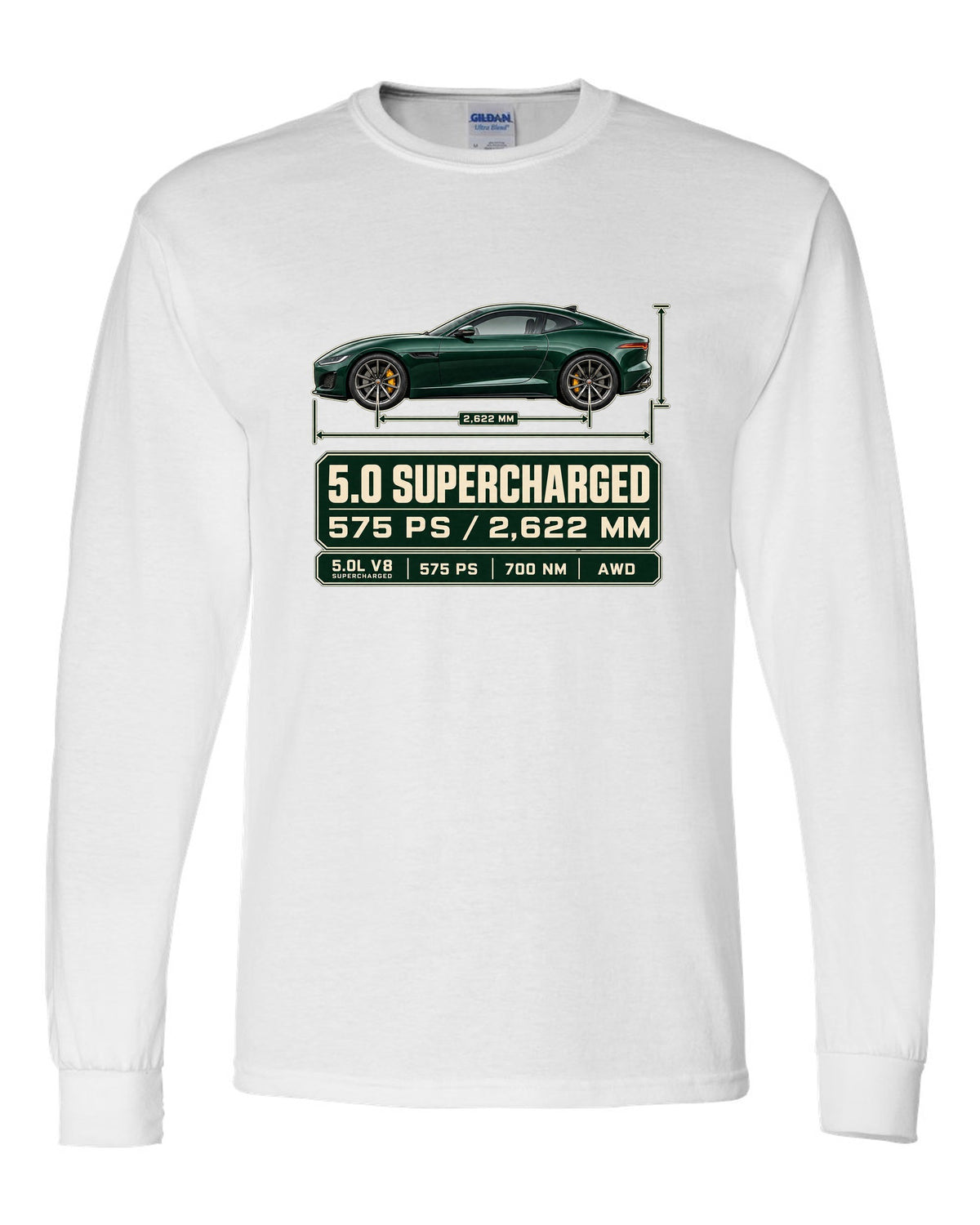 Spec poster print of the Jaguar F-Type R Coupe with 5.0 supercharged and 575 PS text white long sleeve front view with the design