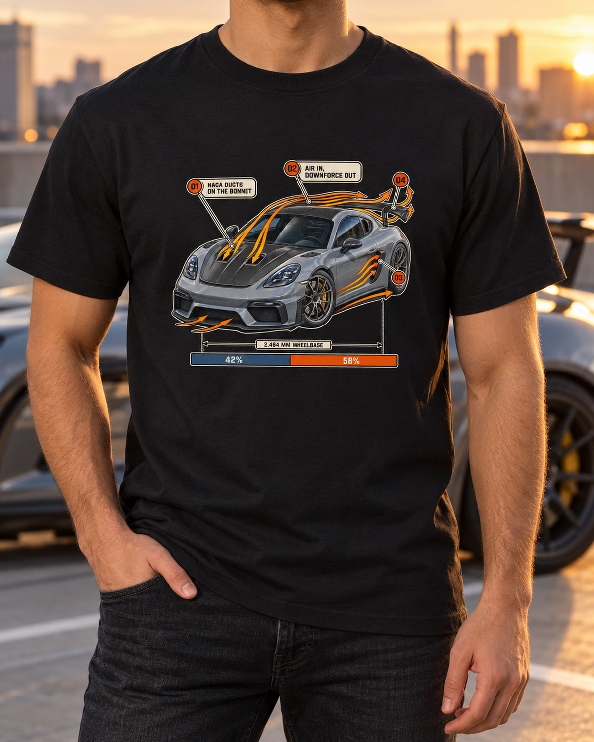 Porsche 718 Cayman GT4 RS Weissach Airflow Callout Tee T-Shirt Black worn hero