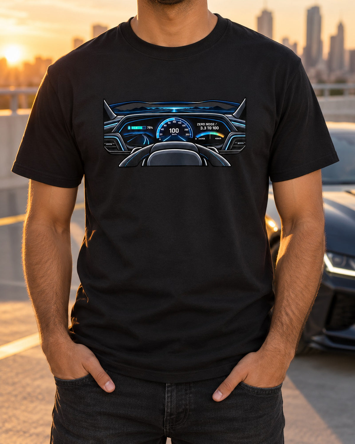 Audi e-tron GT Gauge Cluster Tee, Zero Noise print T-Shirt Black worn hero