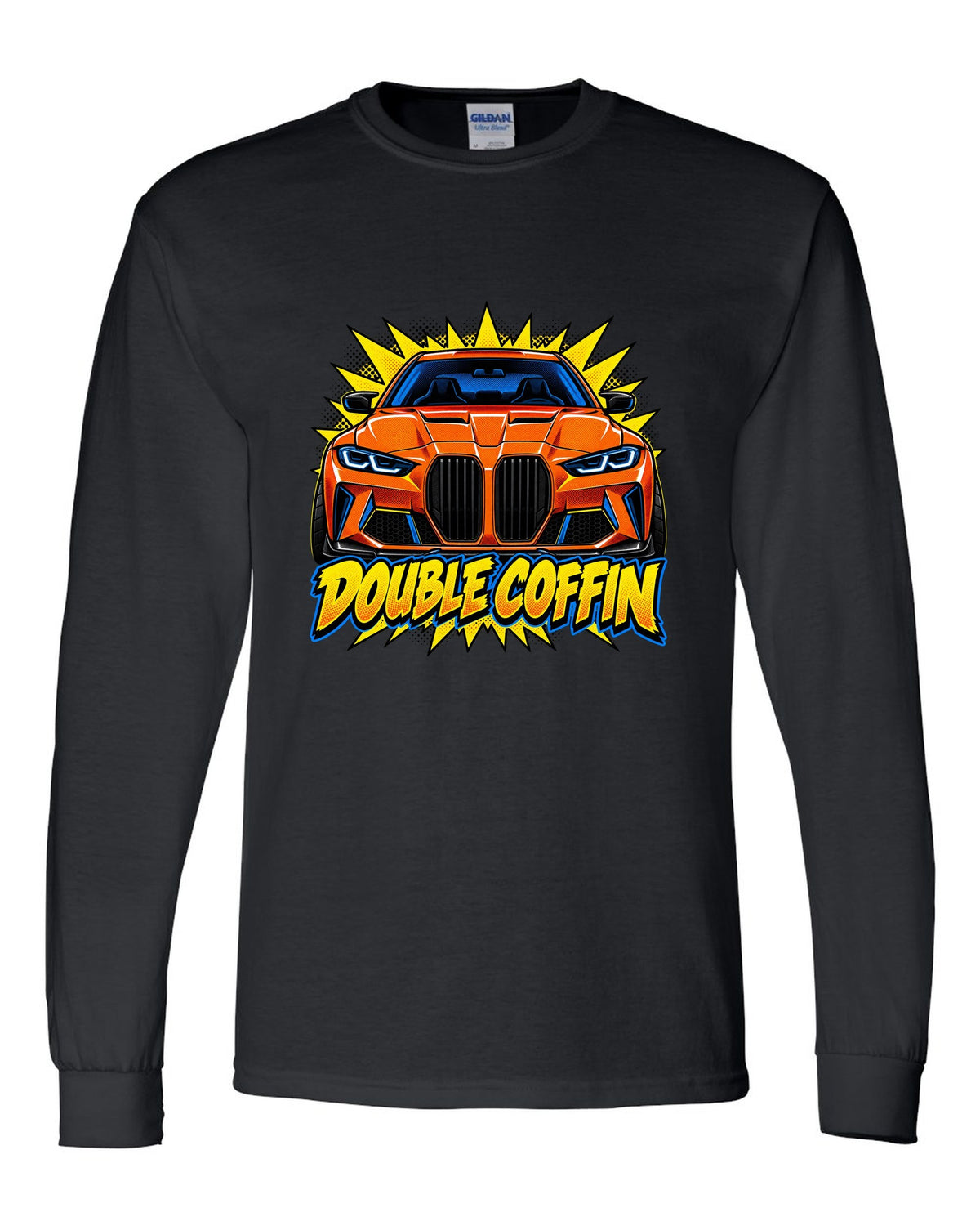 BMW G80 M3 head-on comic halftone pop art print with Double Coffin text black long sleeve front view with the design