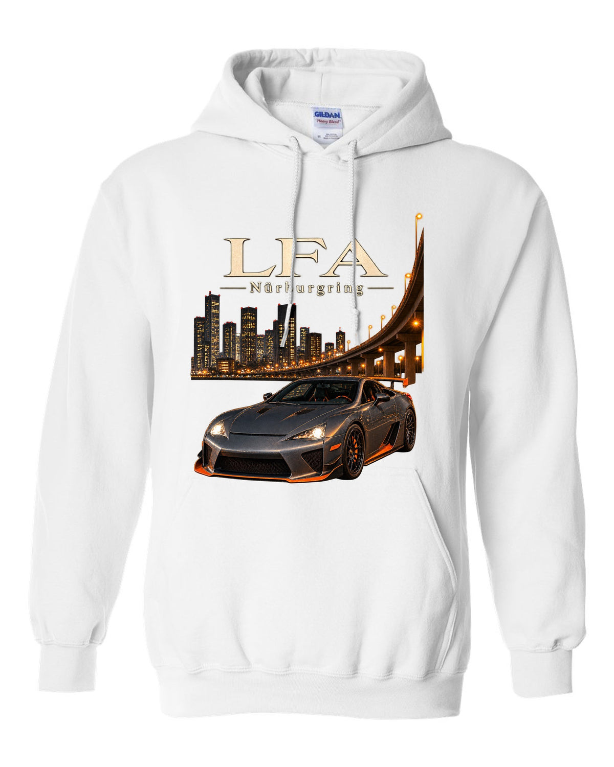 Digital cockpit and gauge view of the Lexus LFA white pull over hoodie front view with the design