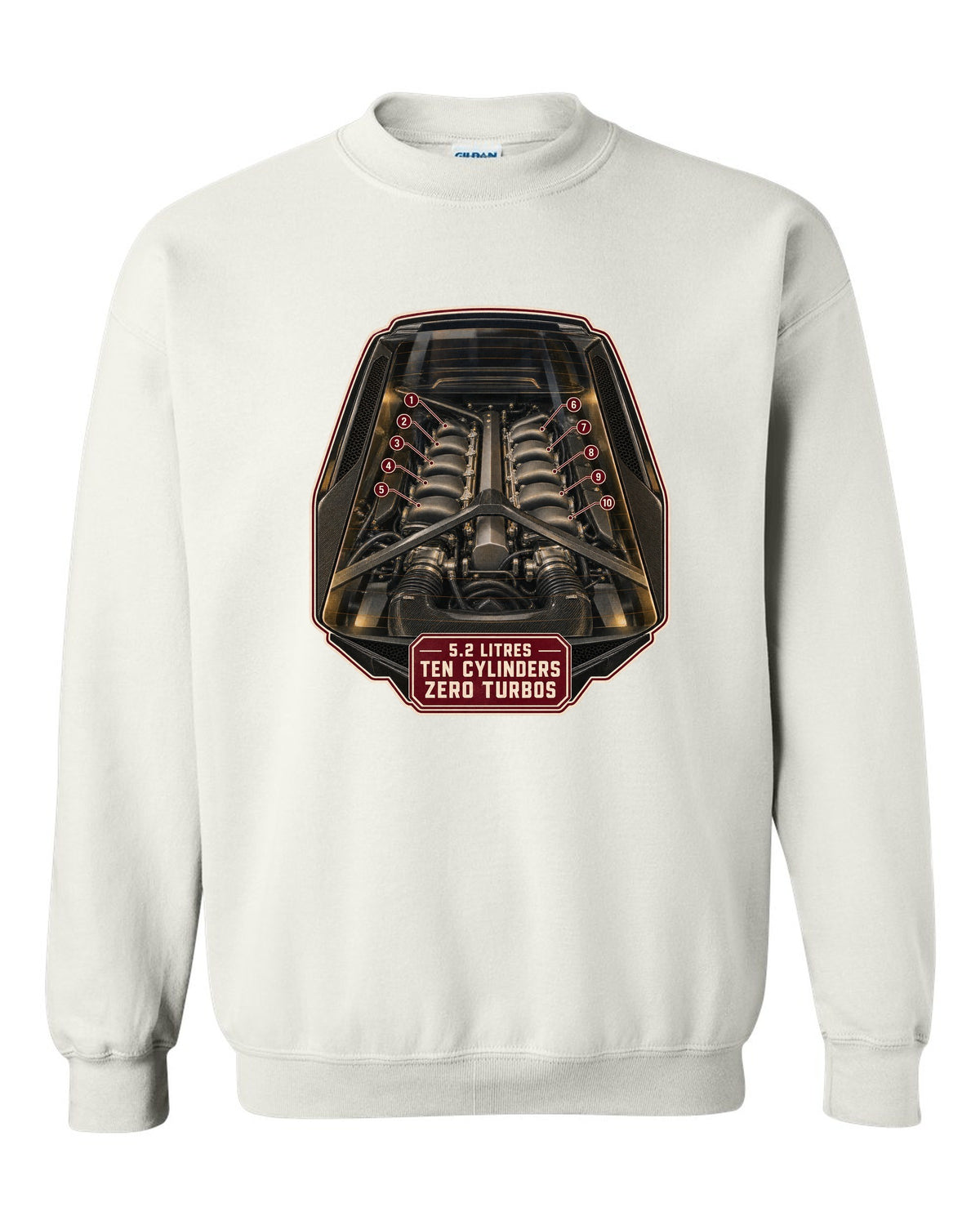 Audi R8 V10 plus Type 4S mid-engine bay hero print design white crewneck front view with the design