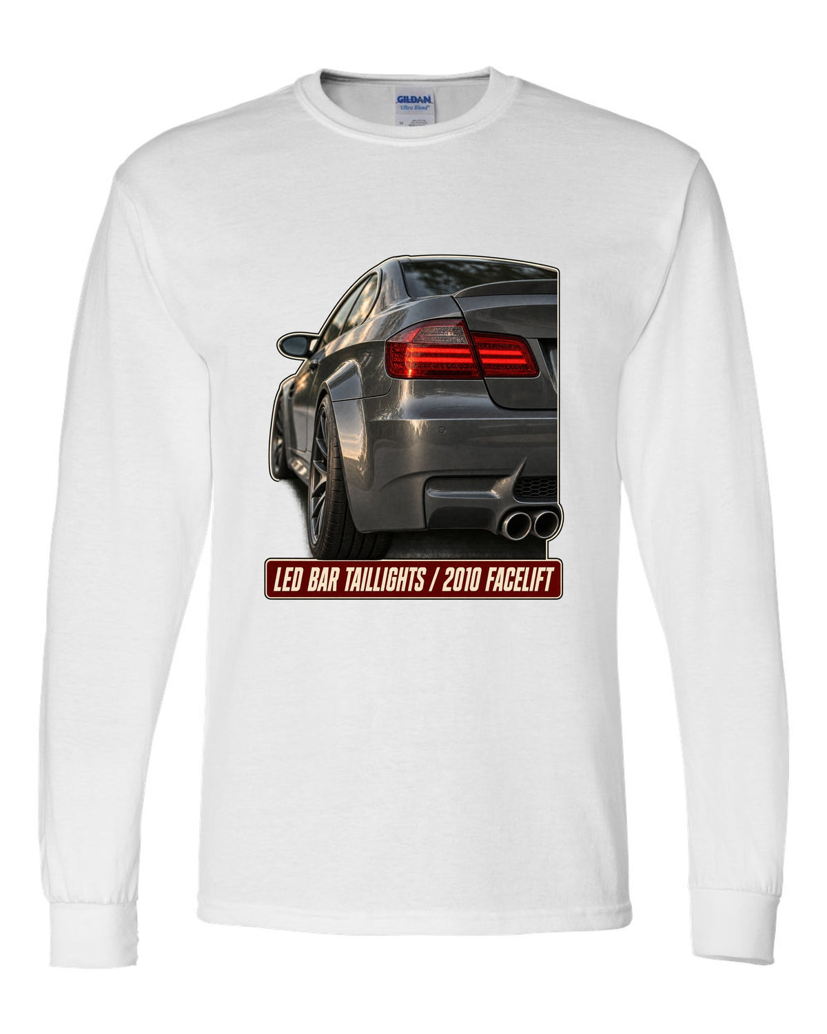 BMW M3 E92 LCI LED bar taillight close-up print white long sleeve front view with the design