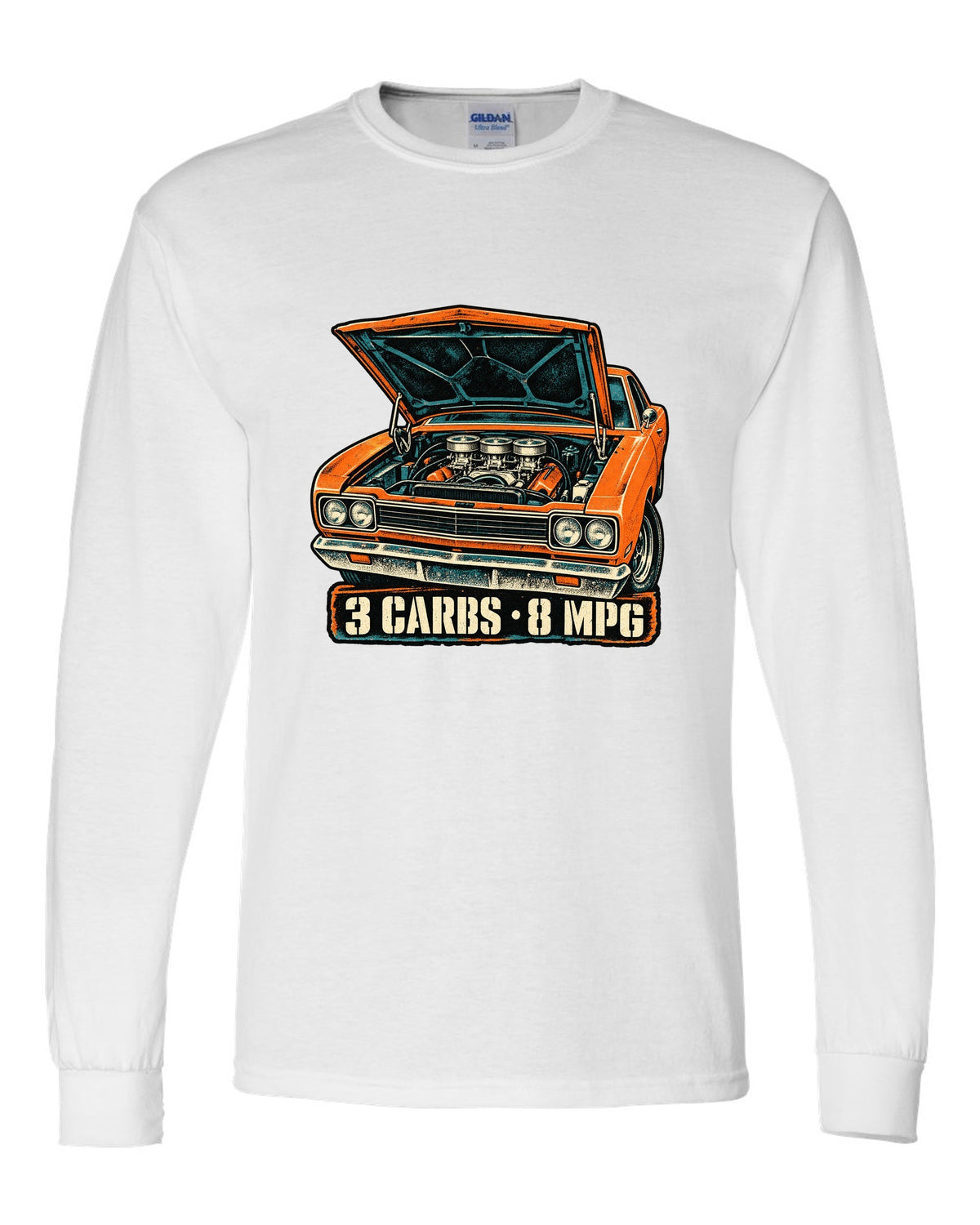 Four-colour grunge screen-print of a 1969 Plymouth Road Runner Six Pack with 3 carbs 8 MPG text white long sleeve front view with the design