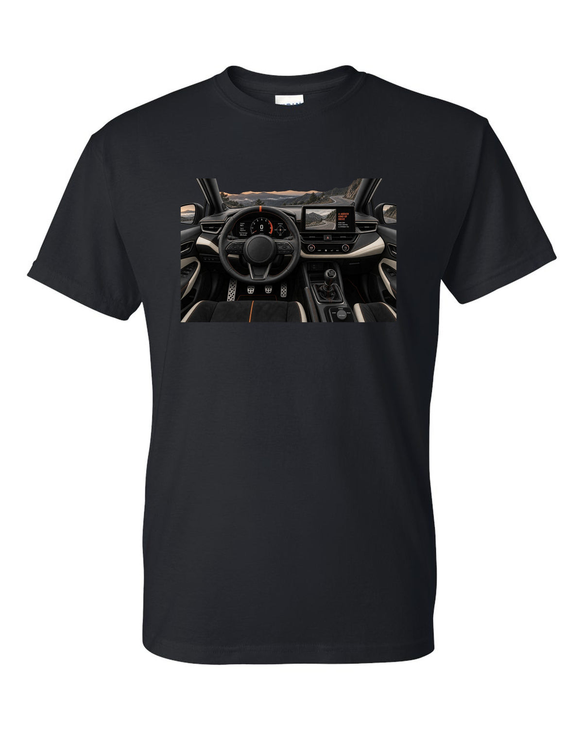 Toyota GR Corolla Morizo Edition at night on a touge-style road with spec text black t-shirt front view with the design