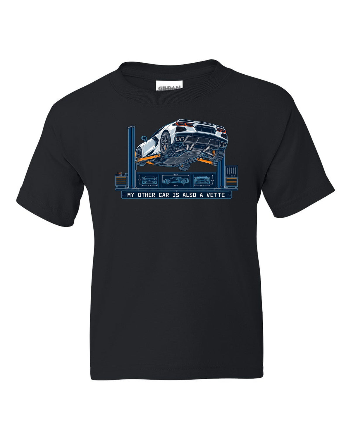 Blueprint line art of a 2020 Chevrolet Corvette C8 Stingray on a workshop lift black kids tee front view with the design
