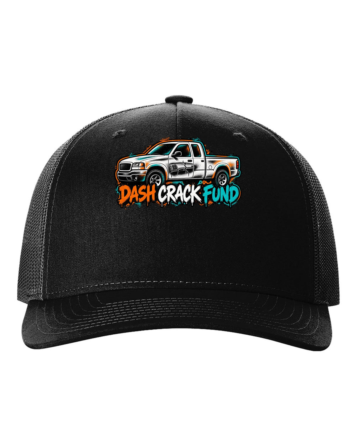 NBS Silverado GMT800 Spray Stencil Tee, Dash Crack Fund black hat front view with the design