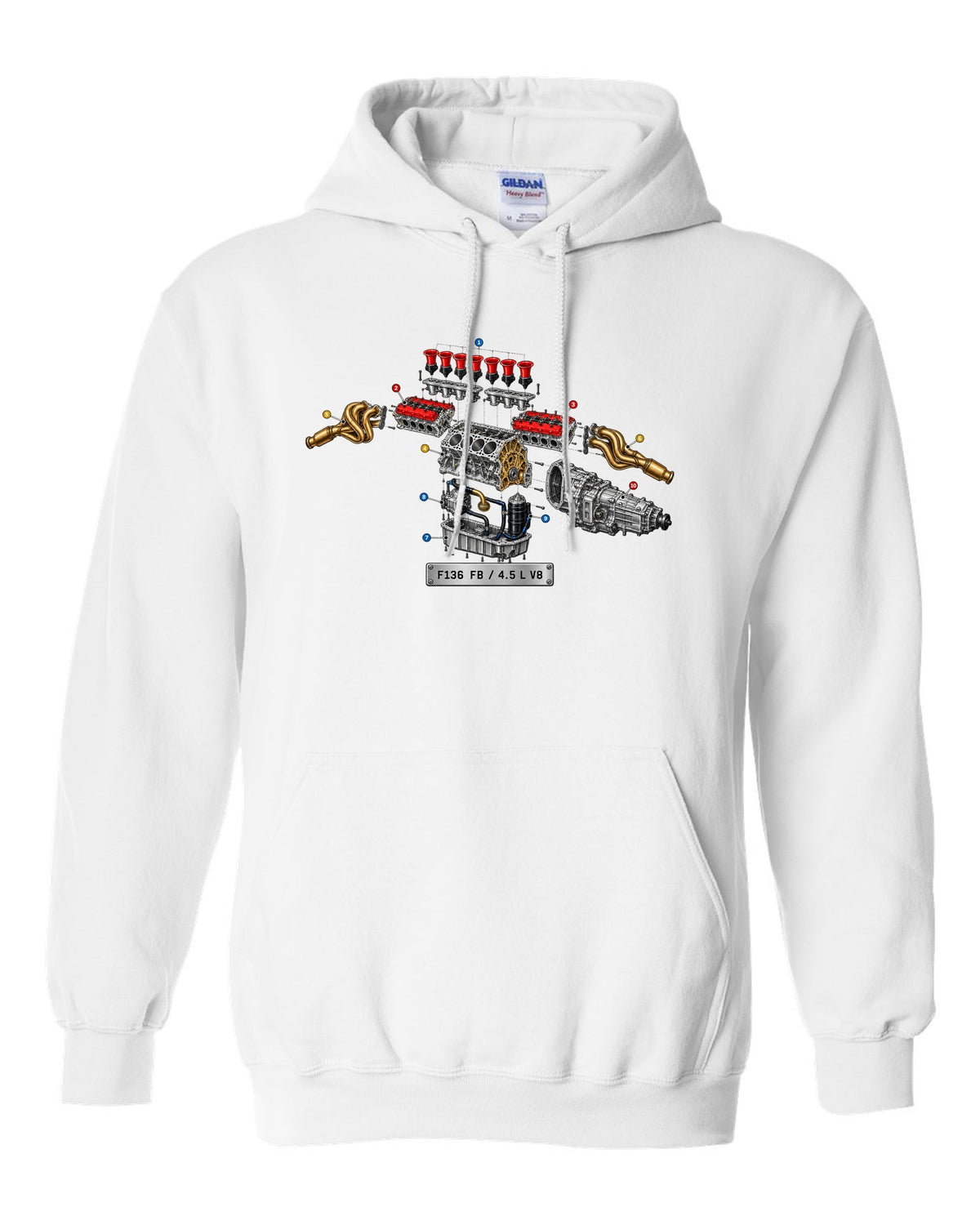 Exploded view of the Ferrari 458 Italia F136 FB V8 with numbered callouts white pull over hoodie front view with the design