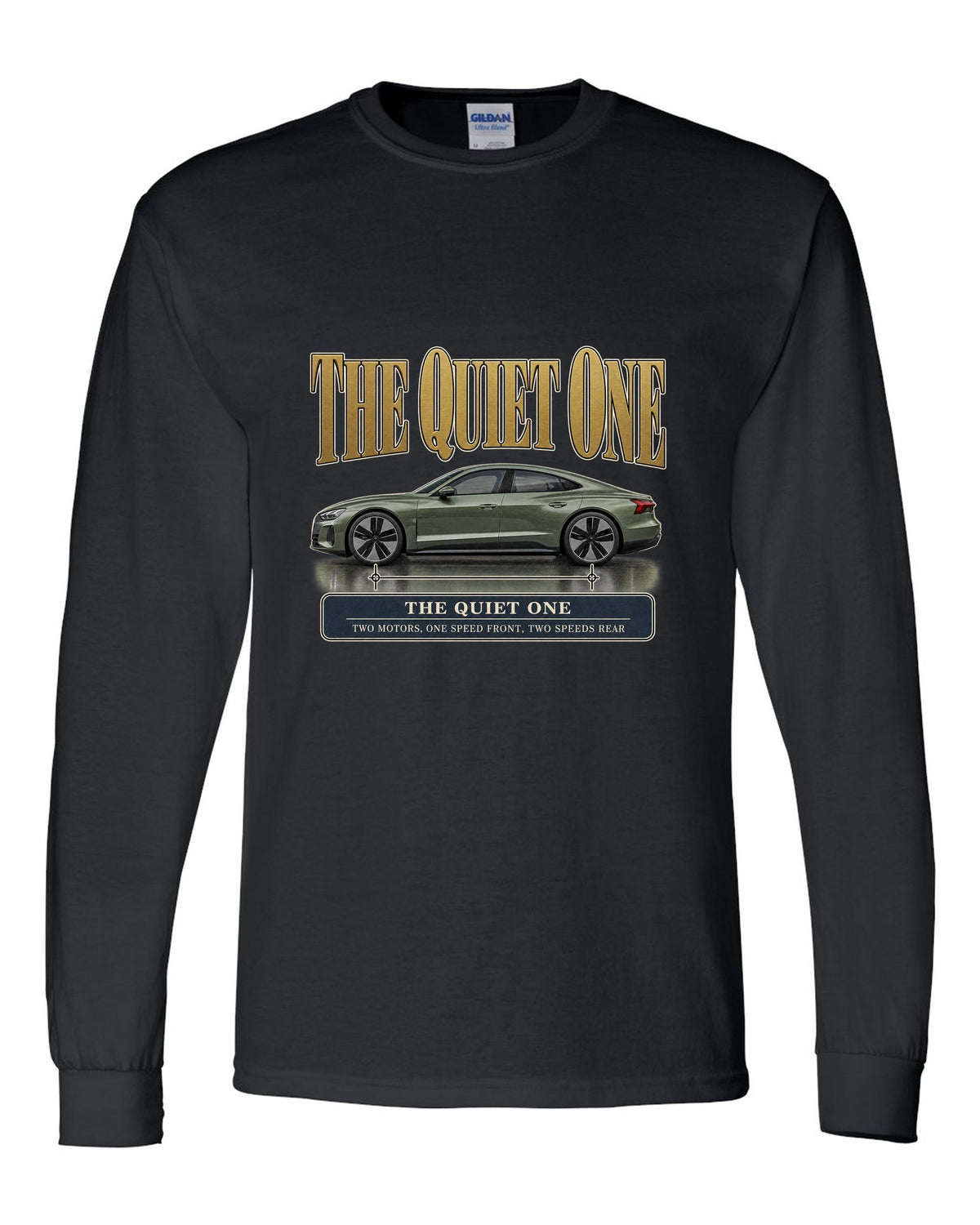 Audi e-tron GT quattro profile editorial headline print design black long sleeve front view with the design