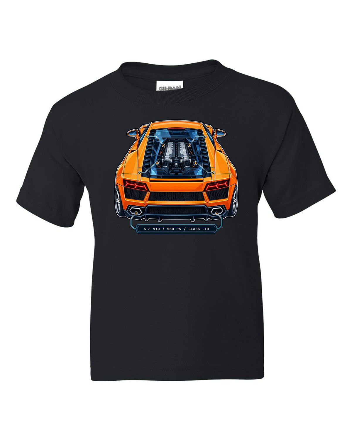 Patent-style technical drawing of a Lamborghini Gallardo LP560-4 with V10 under glass black kids tee front view with the design