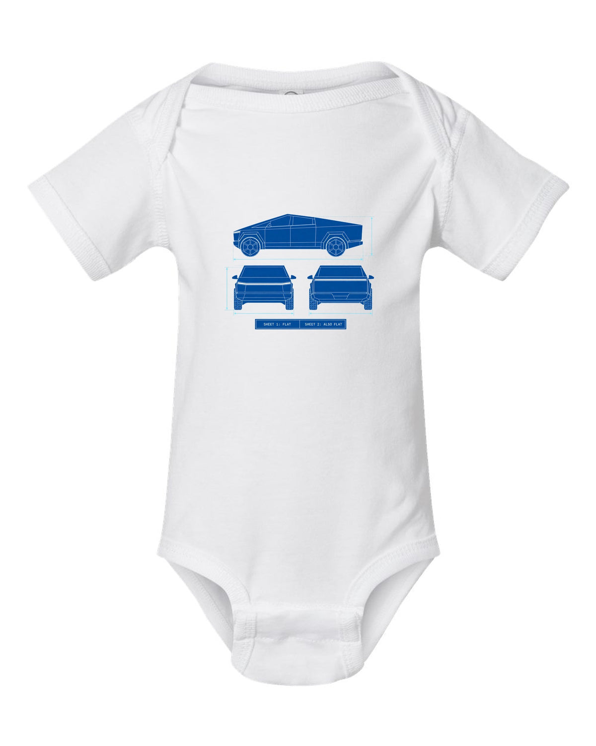 Technical blueprint line art of a 2023 Tesla Cybertruck with Sheet 1 Flat and Sheet 2 Also Flat lettering white baby onesie front view with the design
