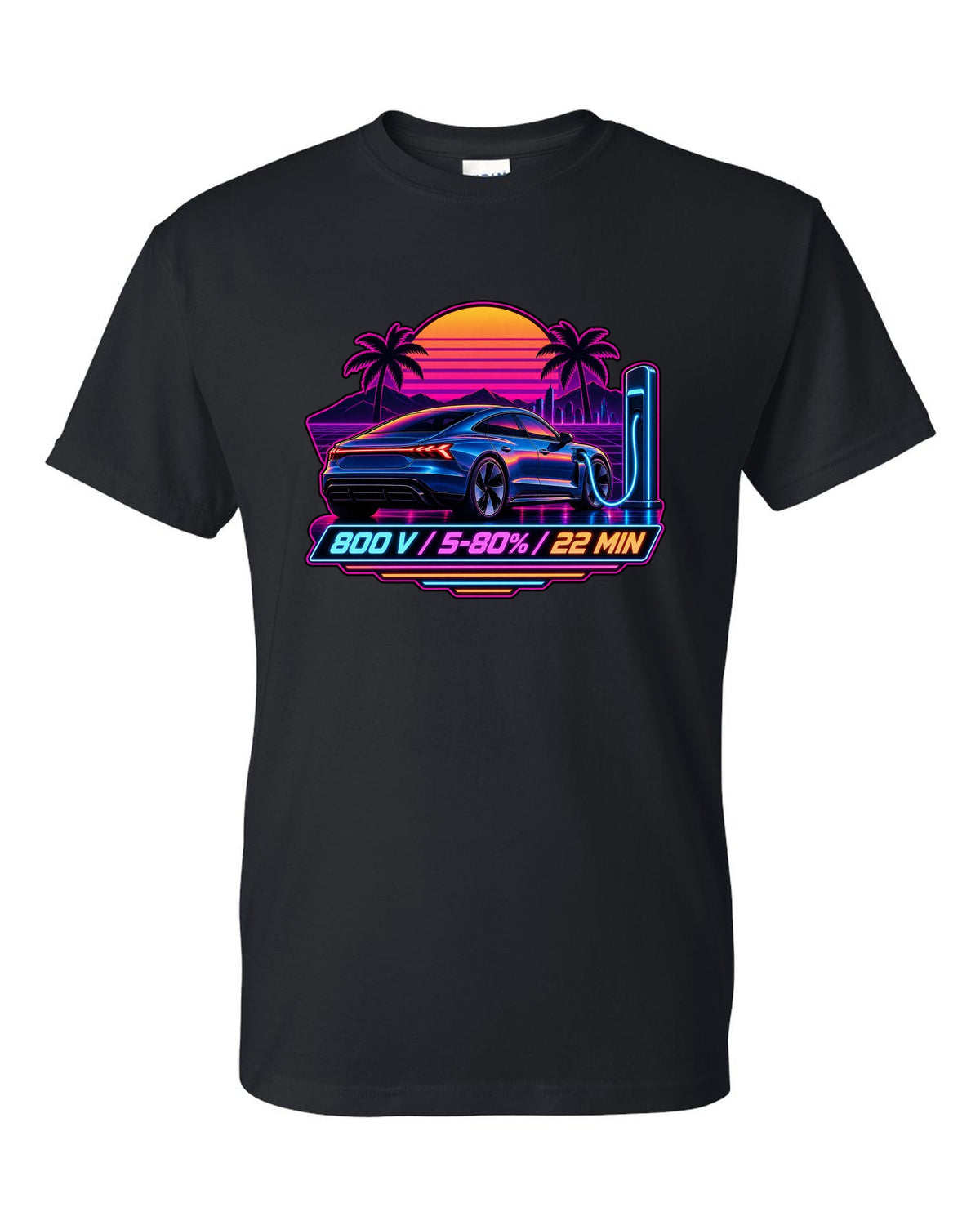 Outrun style print of an Audi e-tron GT with 800 V charging figures black t-shirt front view with the design