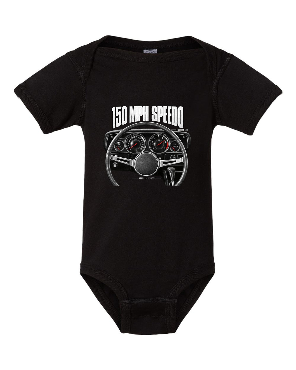 Cockpit gauge print of a 1970 Dodge Challenger R/T with speedometer, tach and woodgrain wheel black baby onesie front view with the design