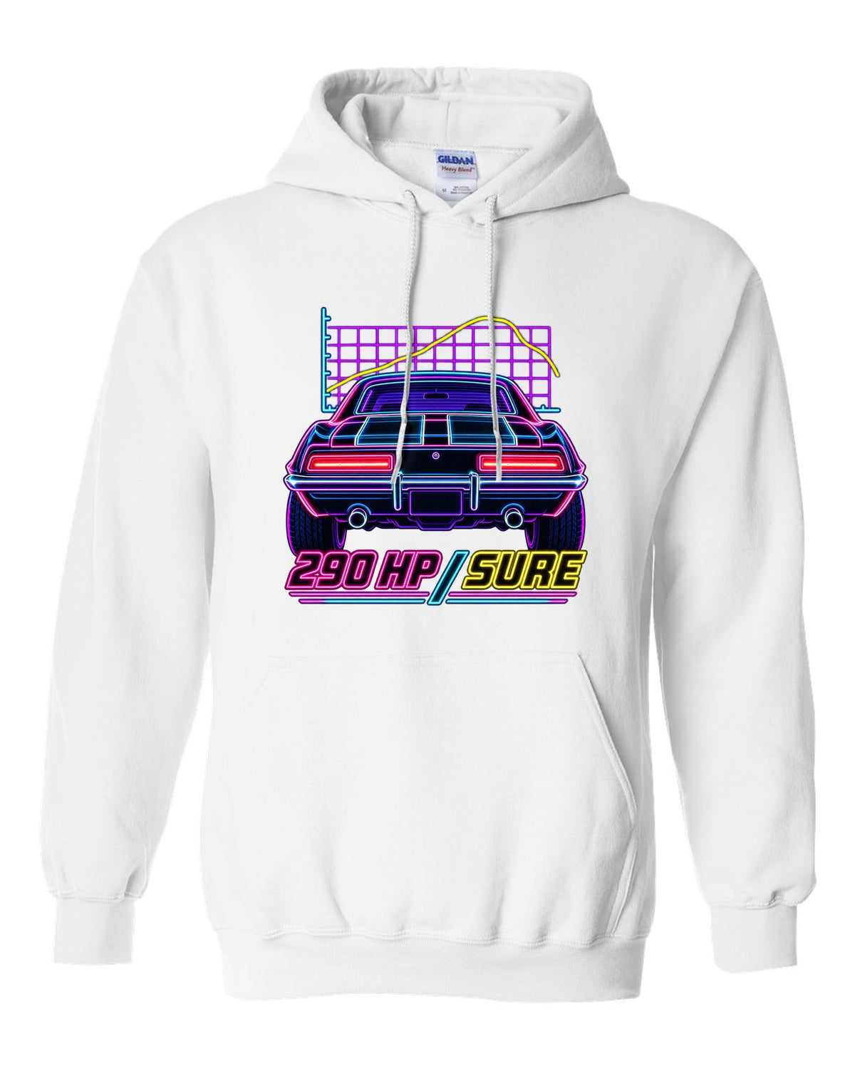 Neon synthwave outline of a 1969 Chevrolet Camaro Z/28 taillights with 290 HP lettering white pull over hoodie front view with the design