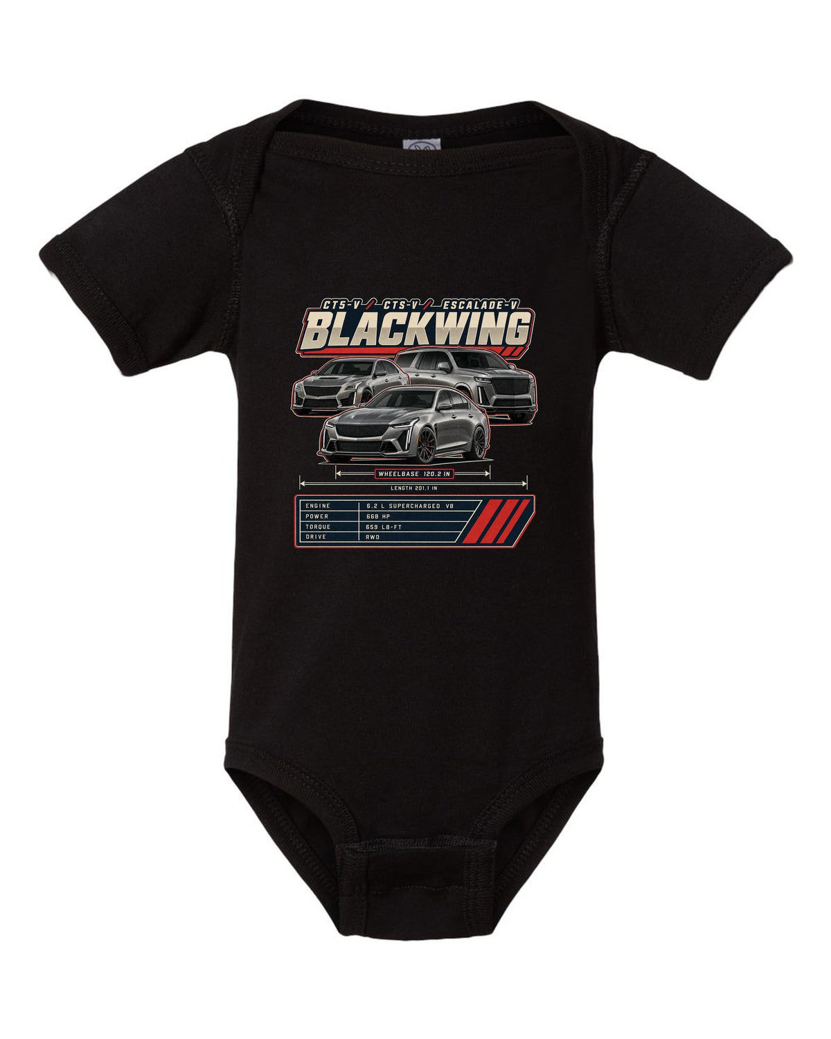 Spec poster print of a Dodge Charger SRT Hellcat Redeye Widebody black baby onesie front view with the design