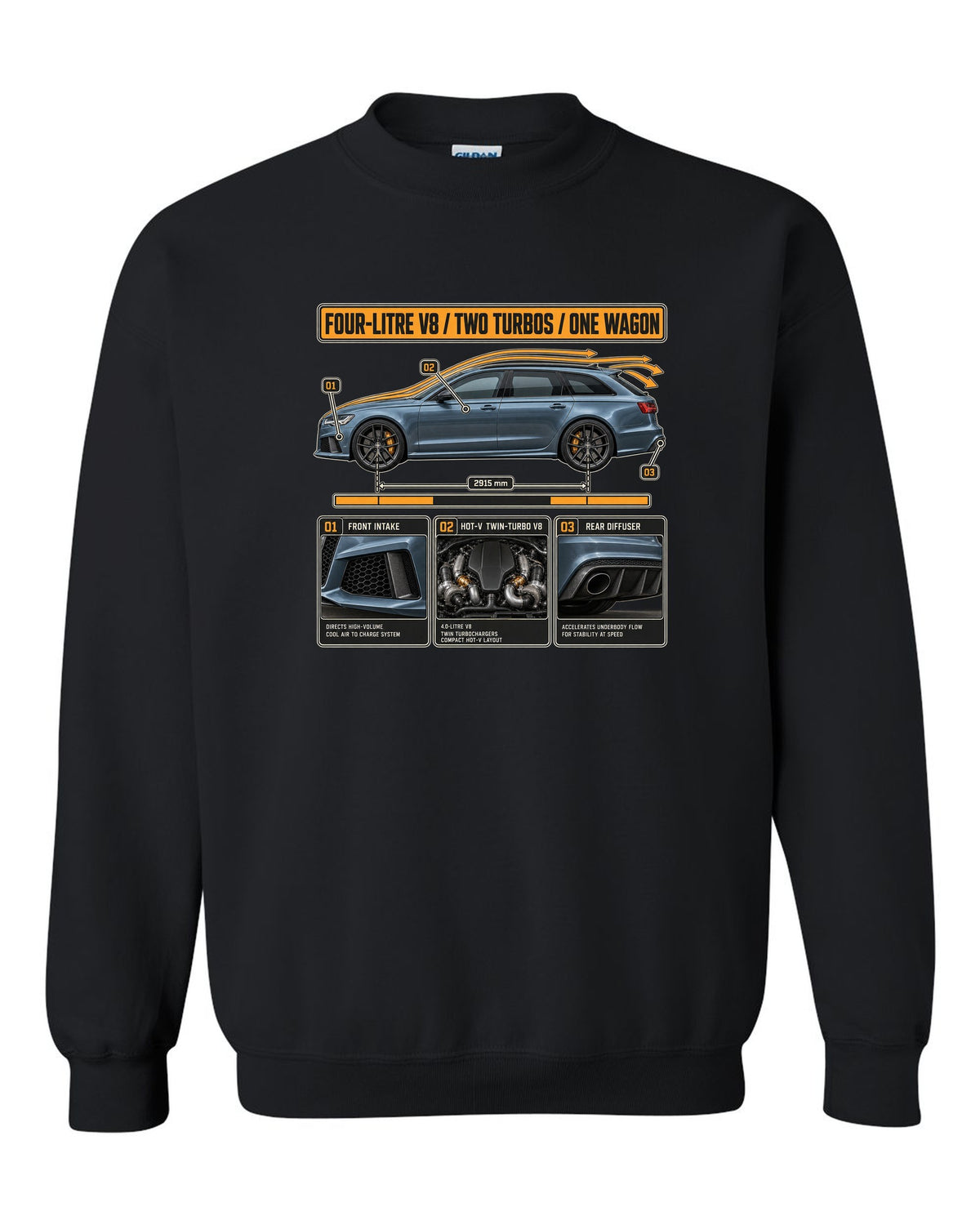 Audi RS6 Avant C7 steel blue aero cutaway callouts print black crewneck front view with the design
