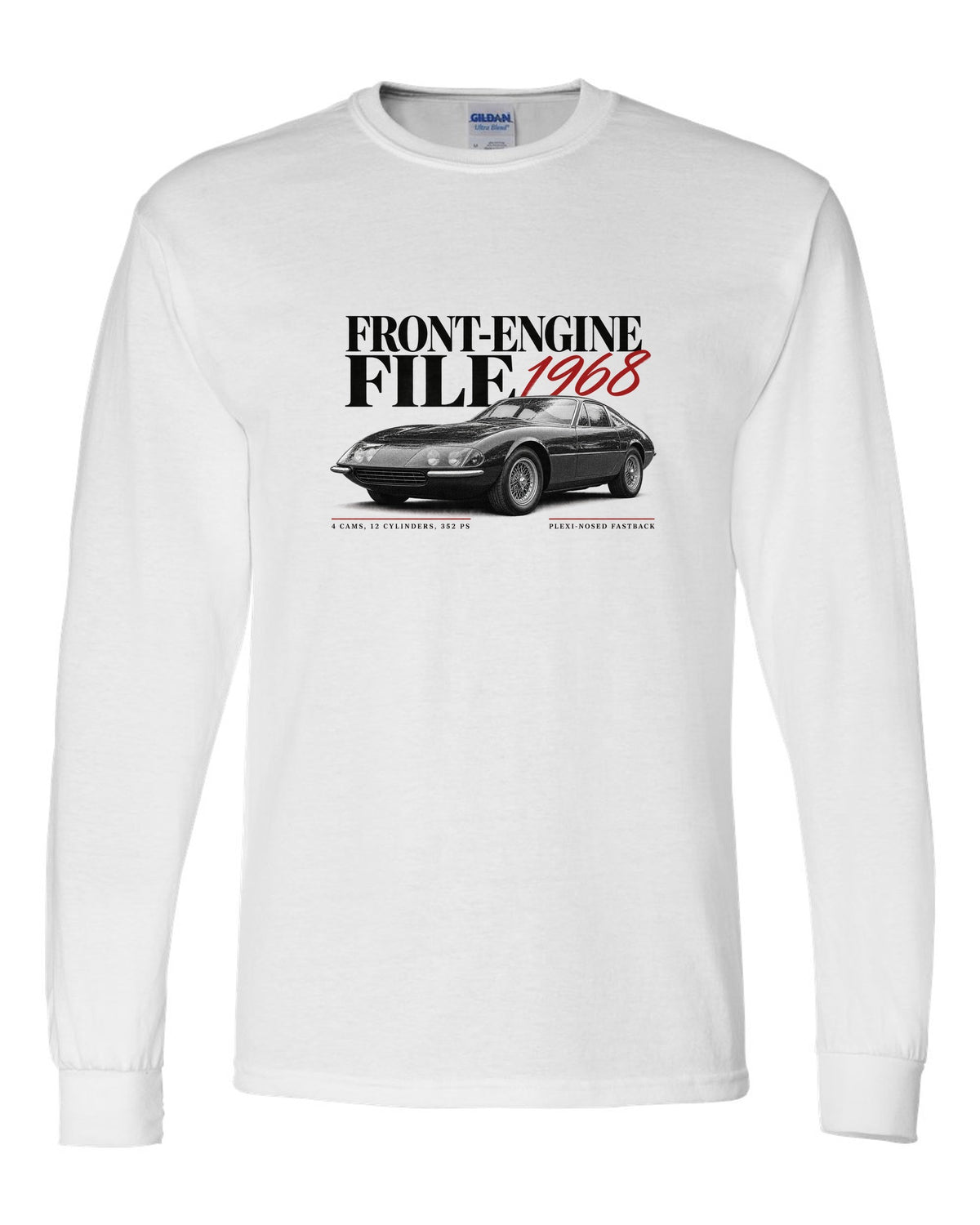 Editorial headline print of a Ferrari 365 GTB/4 Daytona with Front-Engine File 1968 and 352 PS text white long sleeve front view with the design