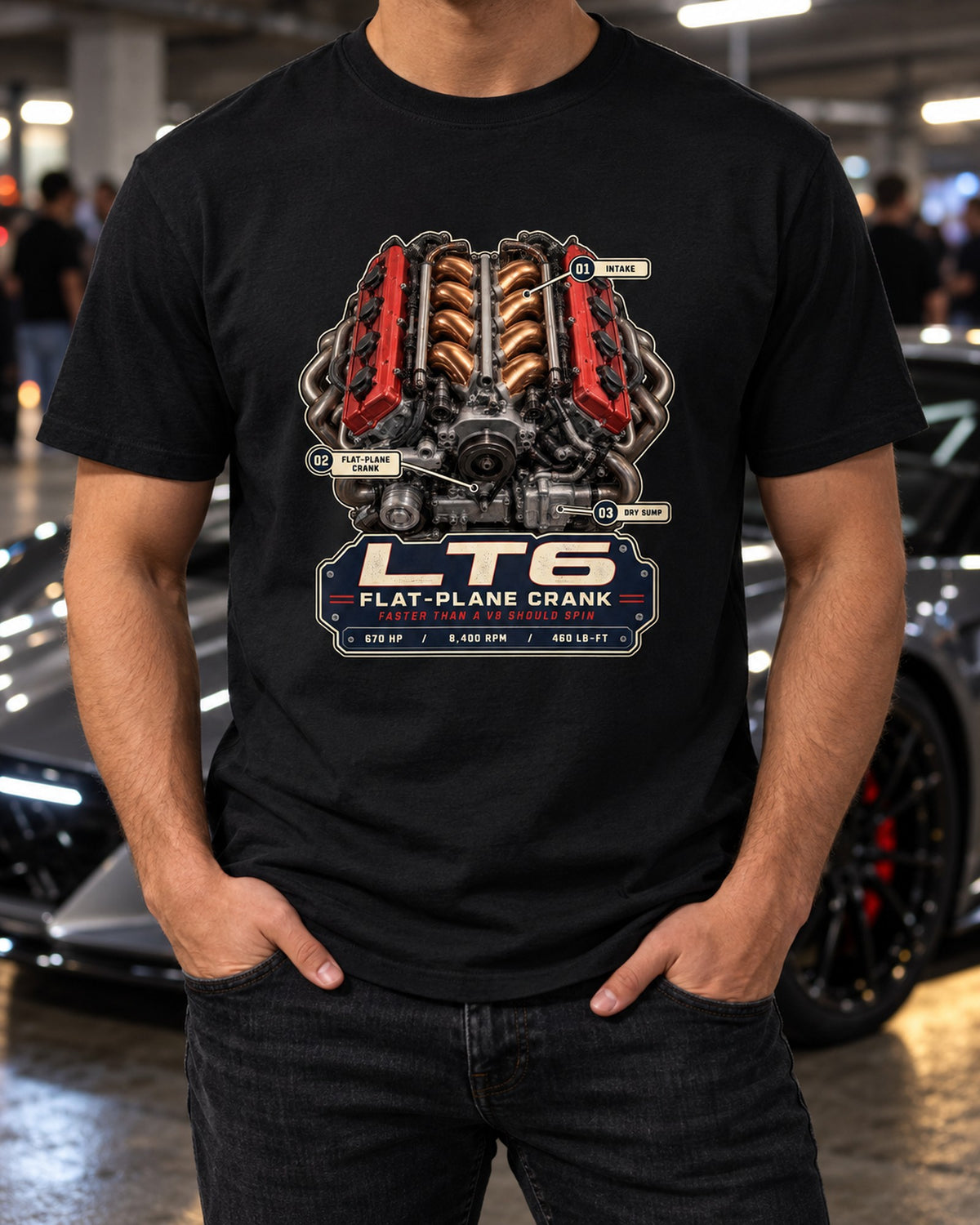 Chevrolet Corvette C8 Z06 LT6 Engine Hero Shirt, Flat-Plane T-Shirt Black worn hero