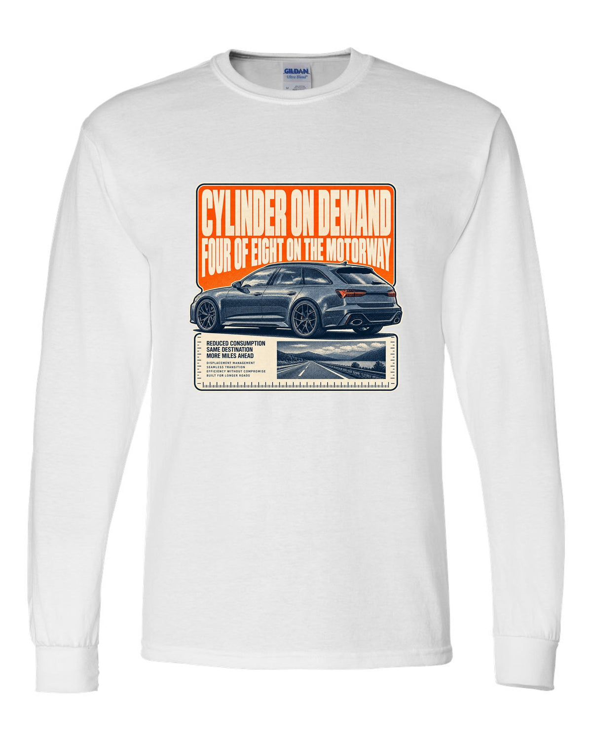 Audi RS6 Avant C8 wagon halftone statement print white long sleeve front view with the design