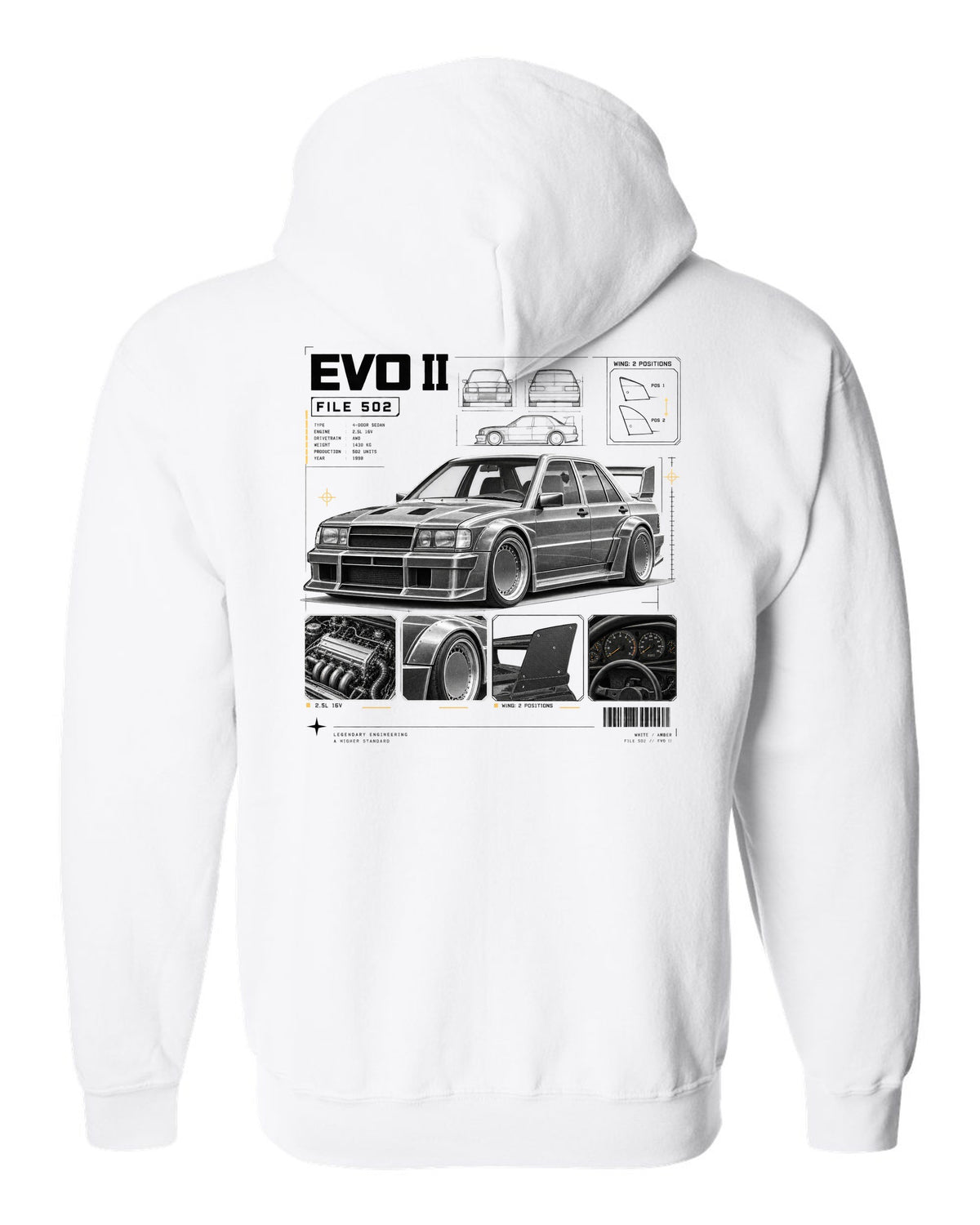 print dossier panels of a Mercedes 190E Evolution II W201 listing file 502, 2.5L 16V and wing positions white zip hoodie back view with the design