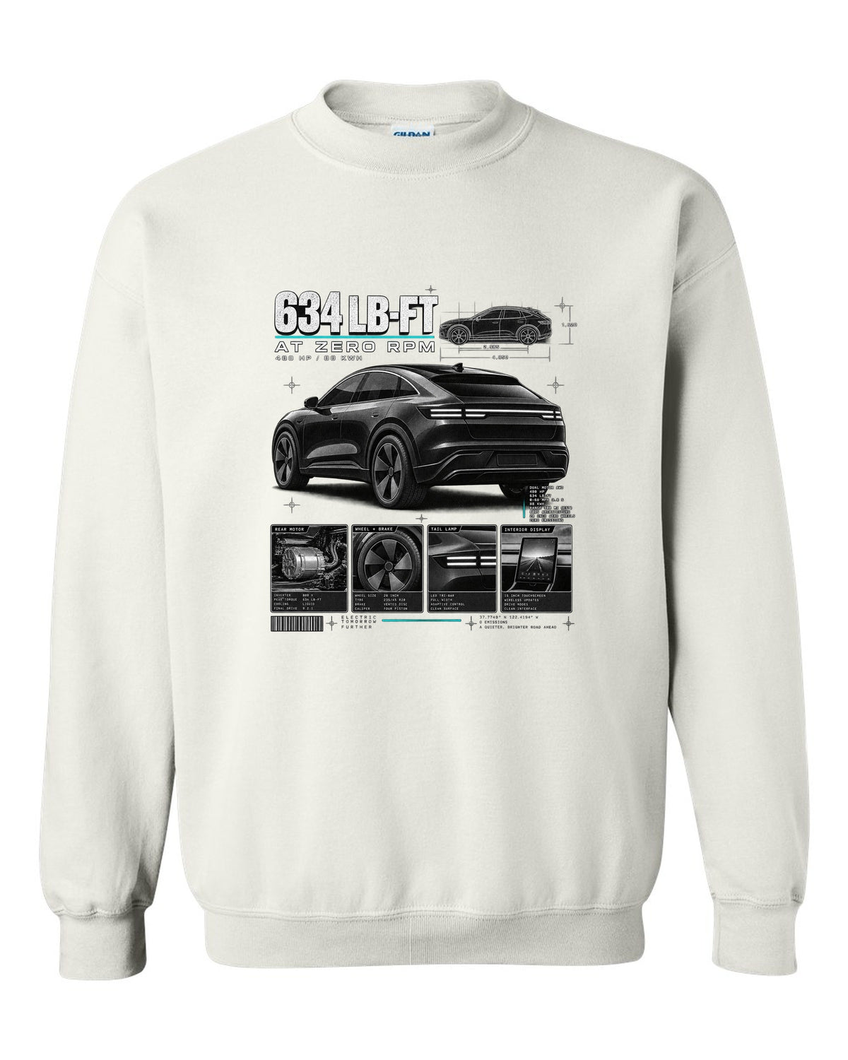 Ford Mustang Mach-E GT CX727 dossier panel print with 634 lb-ft at zero rpm white crewneck front view with the design