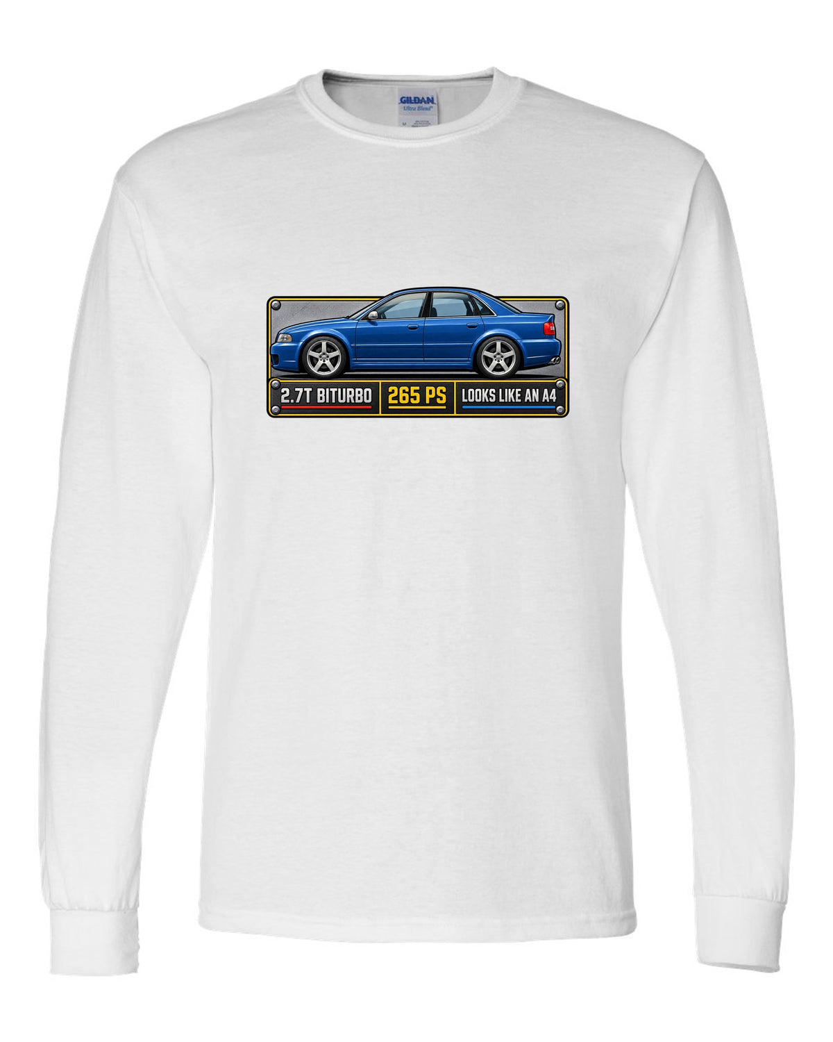 Spec plate print of an Audi S4 B5 sedan with 2.7T biturbo and 265 PS text white long sleeve front view with the design