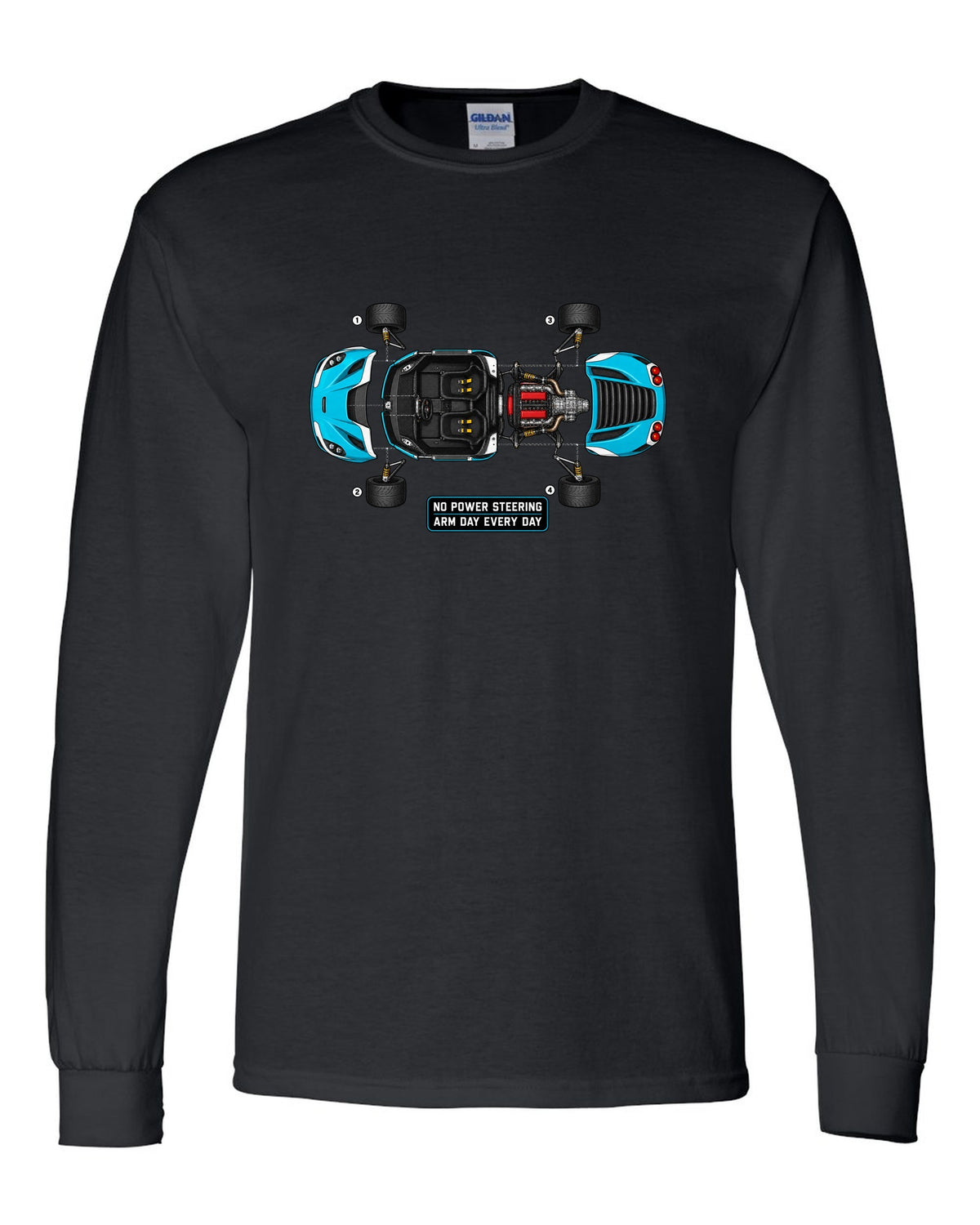 Blueprint exploded view of an Alfa Romeo 4C with no power steering arm day text black long sleeve front view with the design