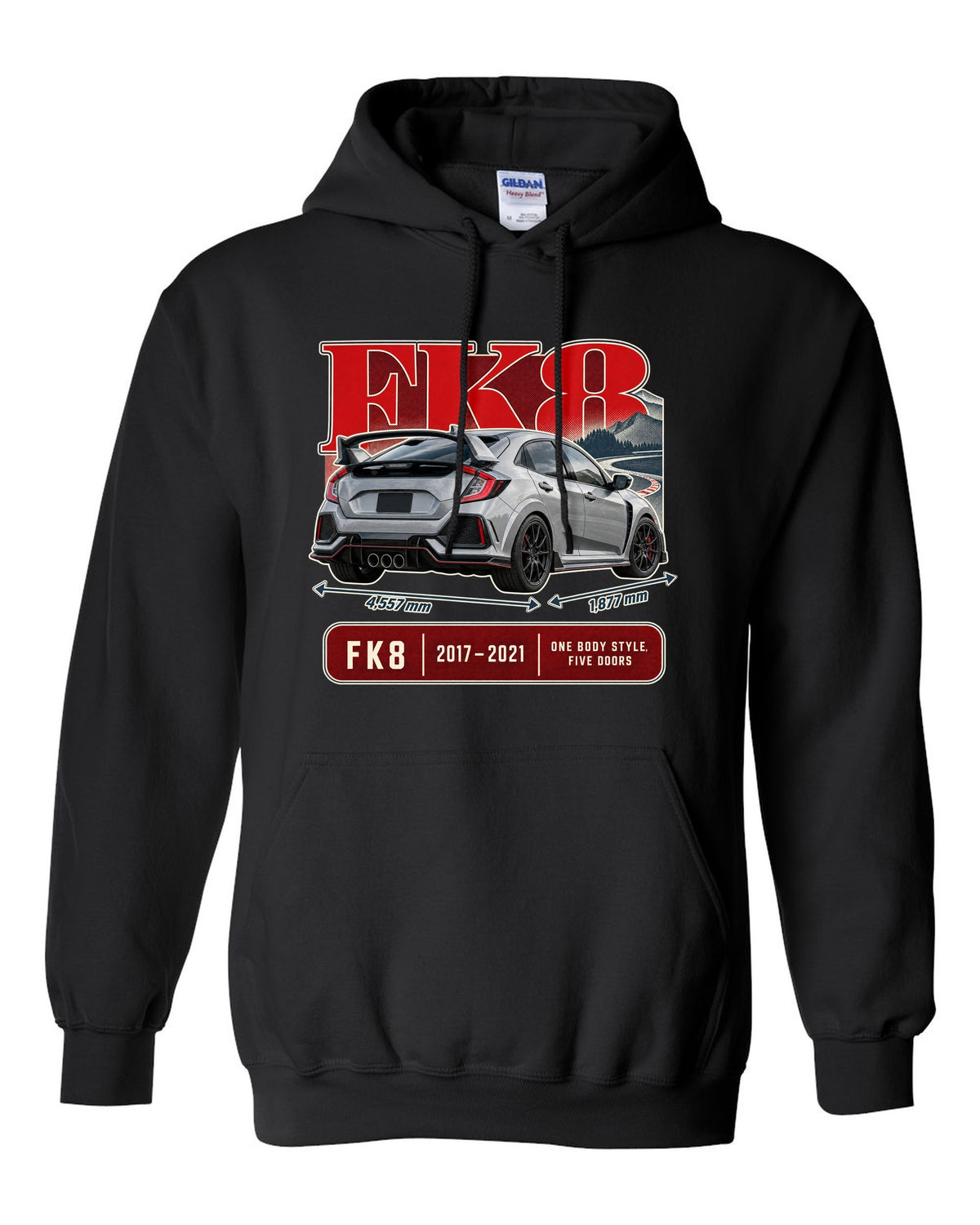 print archive panel of a silver-grey Honda Civic Type R FK8 black pull over hoodie front view with the design