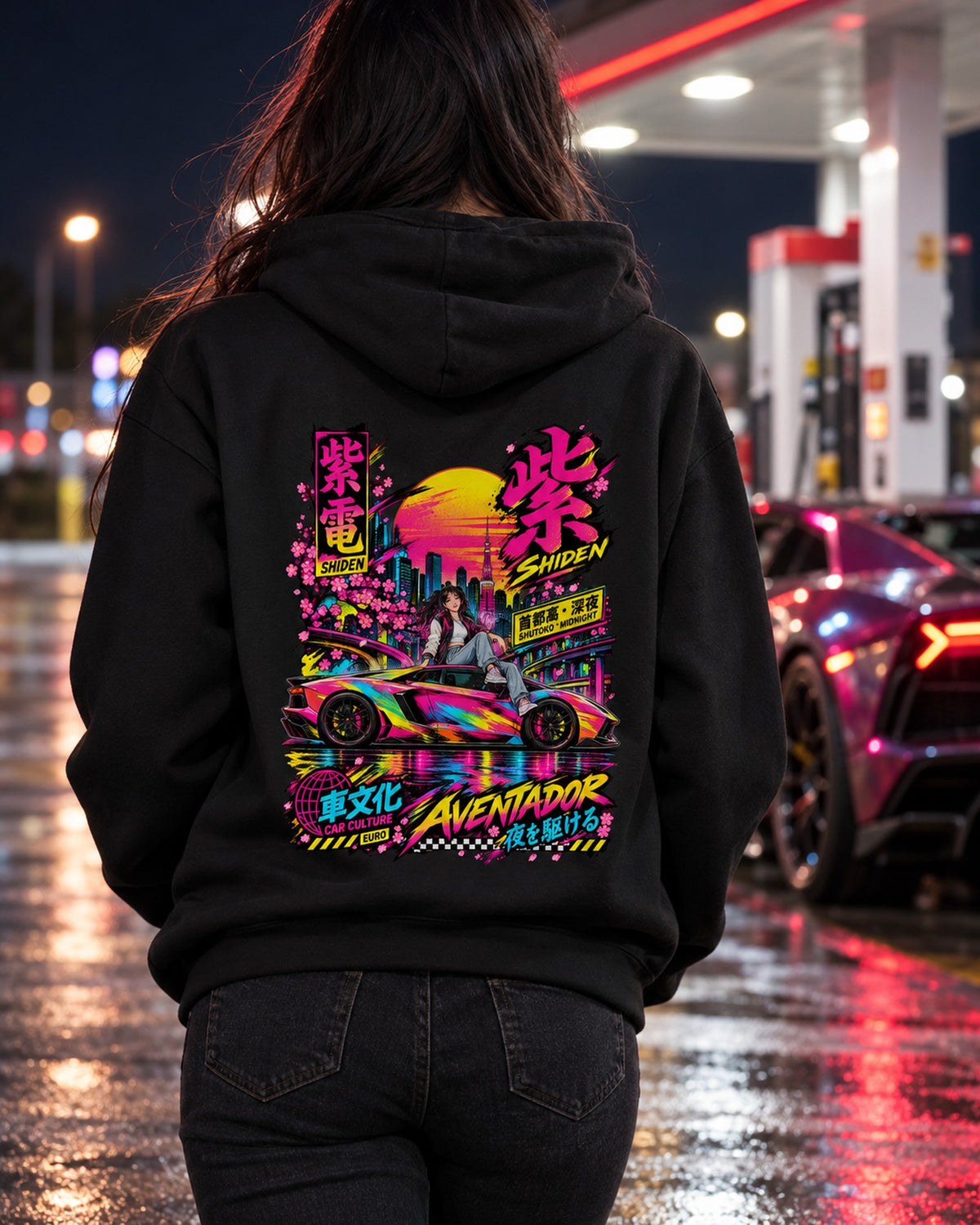 SHIDEN AVENTADOR Anime Girl Full-Back Graphic Tee Pull Over Hoodie Black worn hero