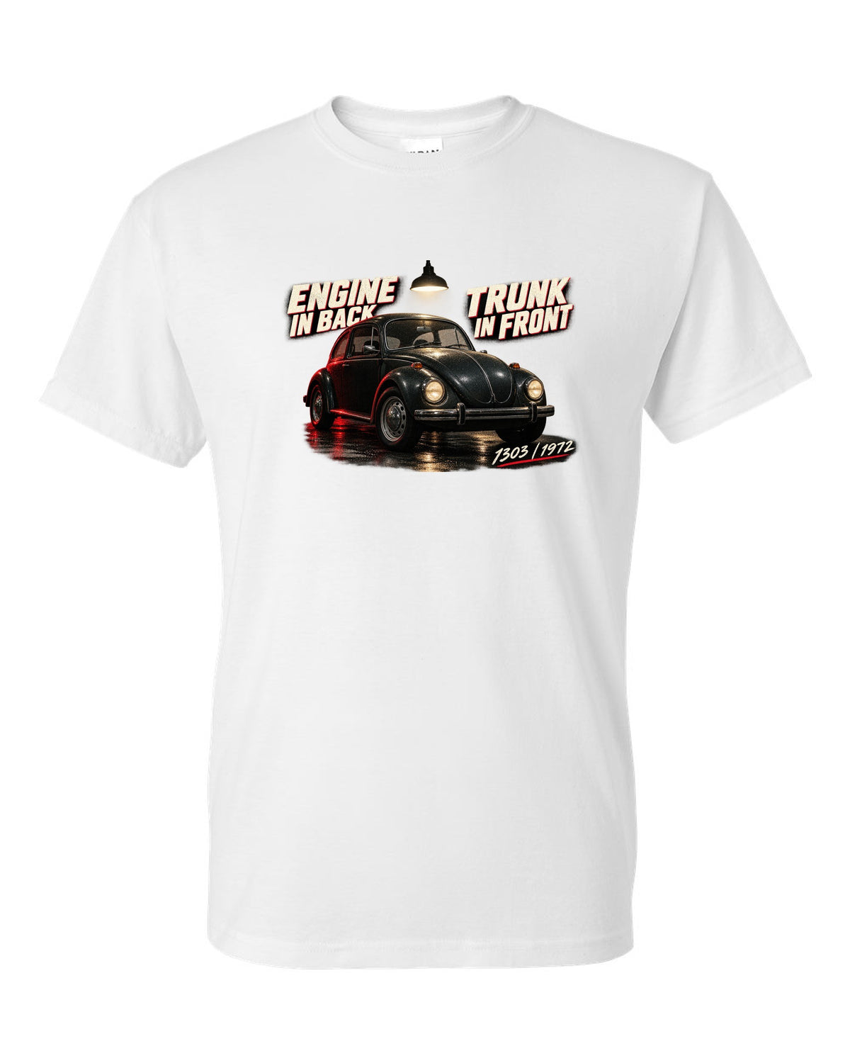 Garage night print of a VW Beetle 1303 front three-quarter with engine in back trunk in front text white t-shirt front view with the design