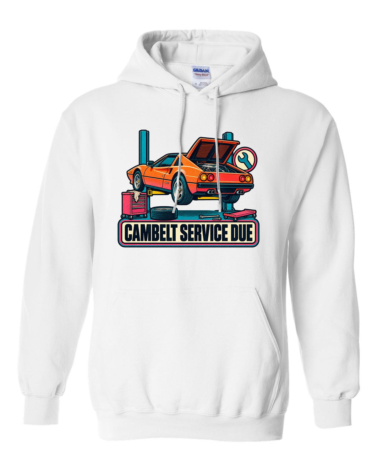Risograph two-colour halftone print of a Ferrari 308 GTS with the text cambelt service due white pull over hoodie front view with the design