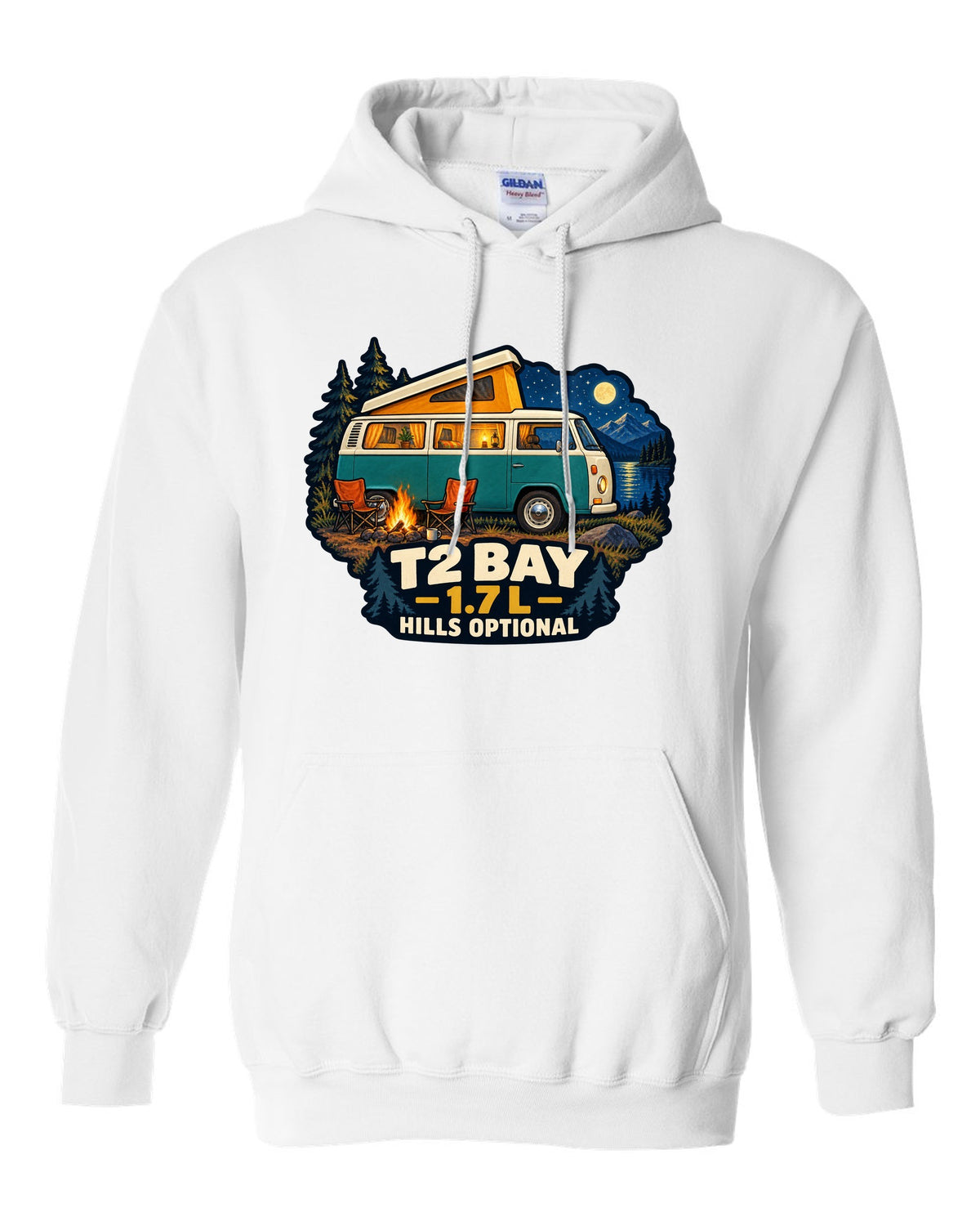 1972 VW Bus T2 Bay Window at a night camp painted in gouache white pull over hoodie front view with the design